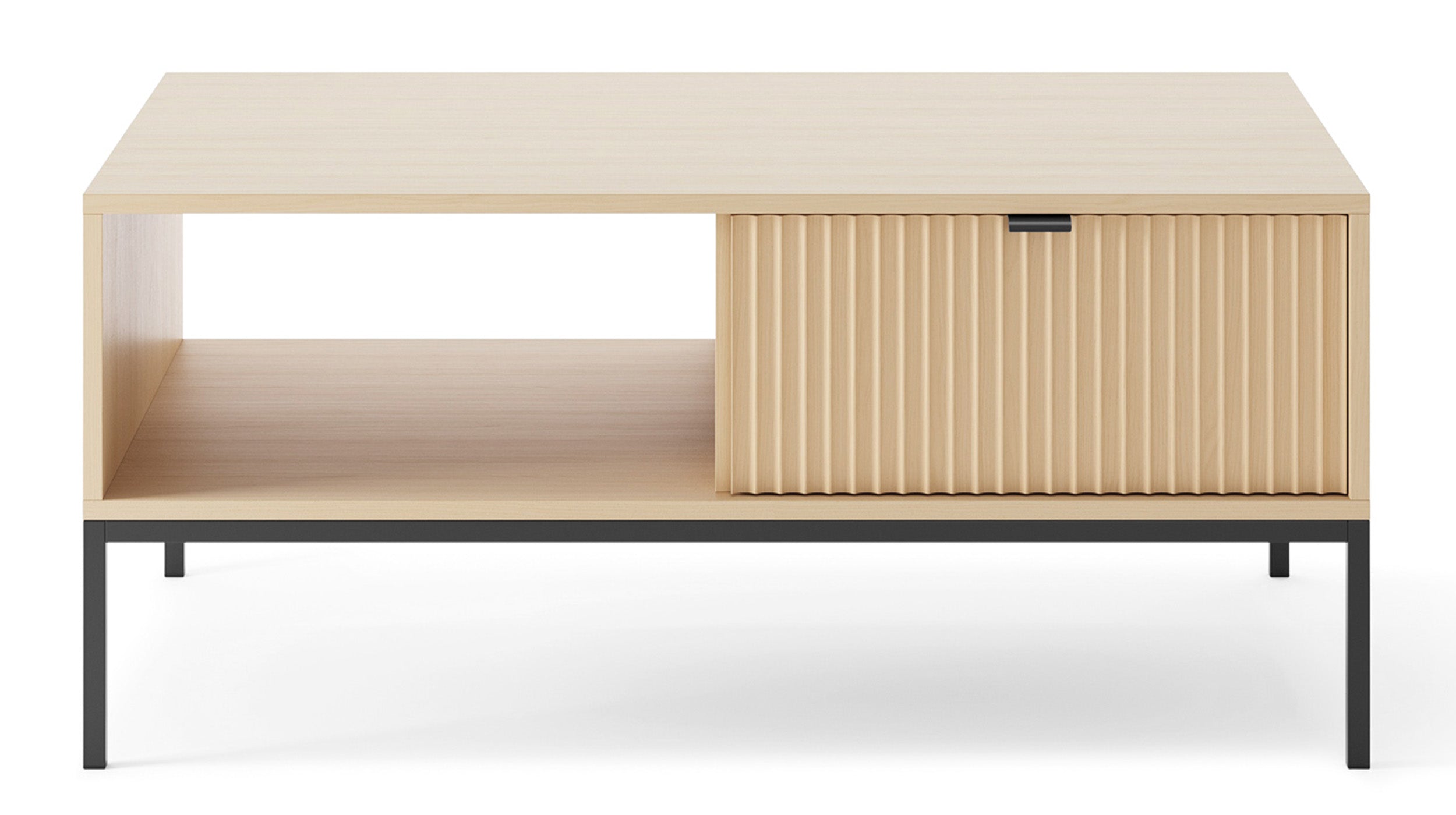 Couchtisch Vellore mit zwei Schubladen und gerillter Front, 104x68 cm, Vicenza-Eiche auf schwarzen Beinen