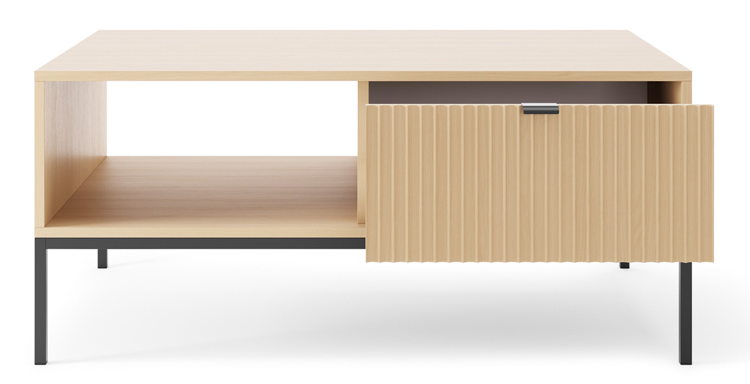Couchtisch Vellore mit zwei Schubladen und gerillter Front, 104x68 cm, Vicenza-Eiche auf schwarzen Beinen