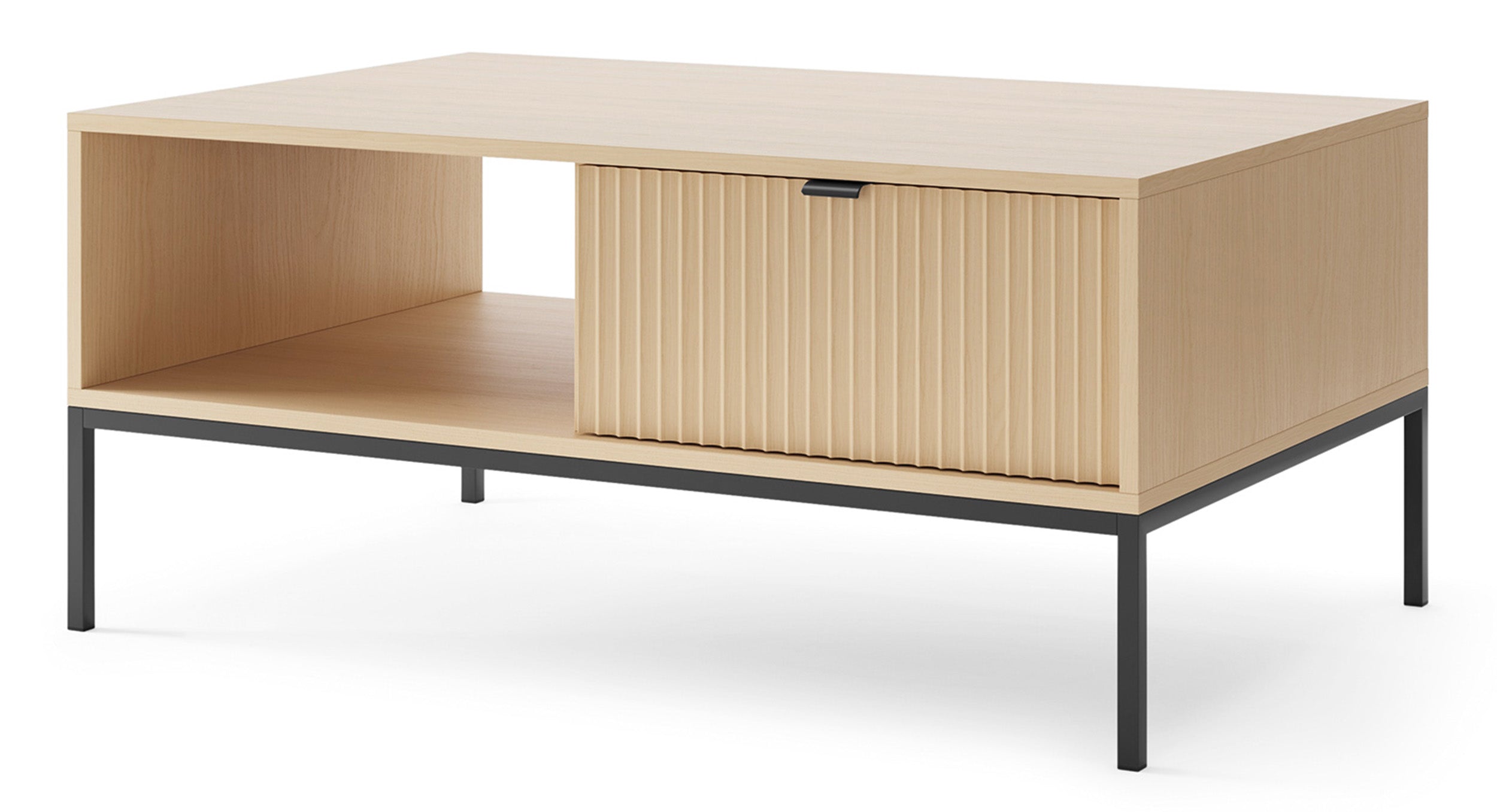 Couchtisch Vellore mit zwei Schubladen und gerillter Front, 104x68 cm, Vicenza-Eiche auf schwarzen Beinen