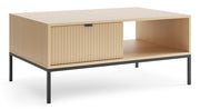Couchtisch Vellore mit zwei Schubladen und gerillter Front, 104x68 cm, Vicenza-Eiche auf schwarzen Beinen