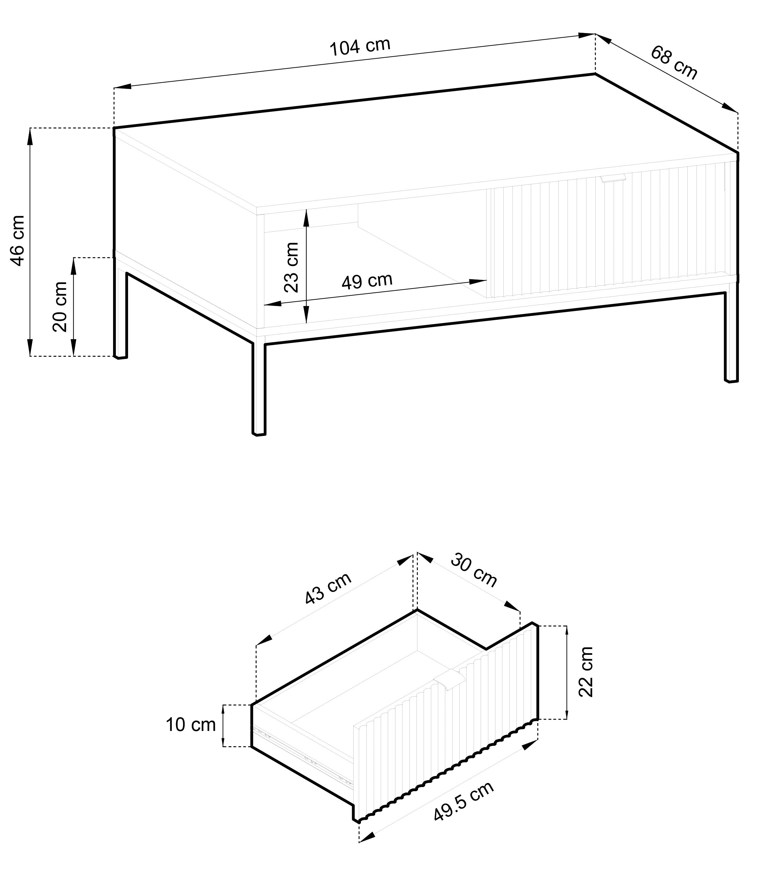 Couchtisch Vellore mit zwei Schubladen und gerillter Front, 104x68 cm, Vicenza-Eiche auf schwarzen Beinen