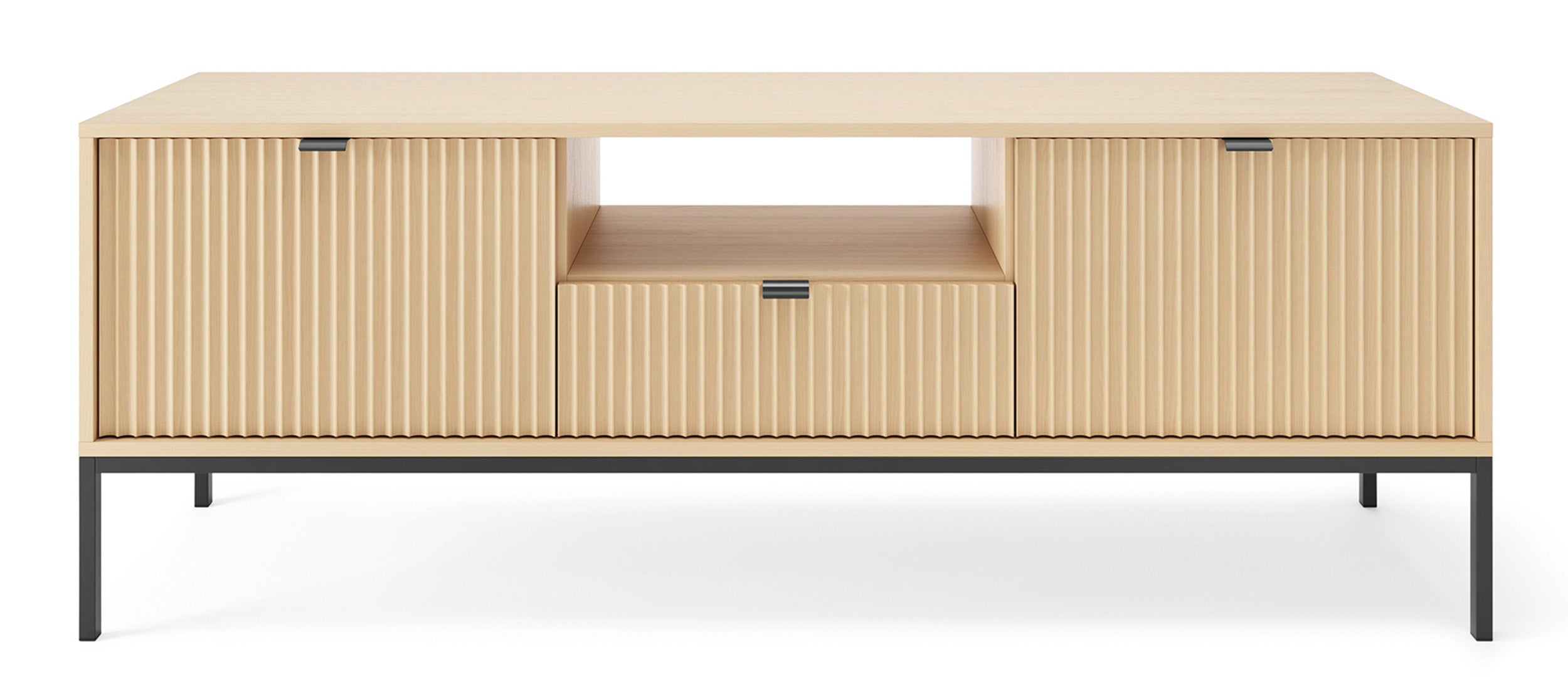 Zweittüriger TV-Schrank Vellore mit Schublade und geriffelter Front, 154 cm, Vicenza-Eiche auf schwarzen Füßen