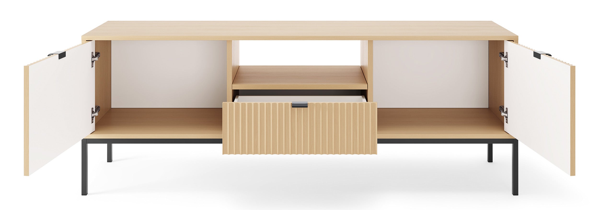 Zweittüriger TV-Schrank Vellore mit Schublade und geriffelter Front, 154 cm, Vicenza-Eiche auf schwarzen Füßen