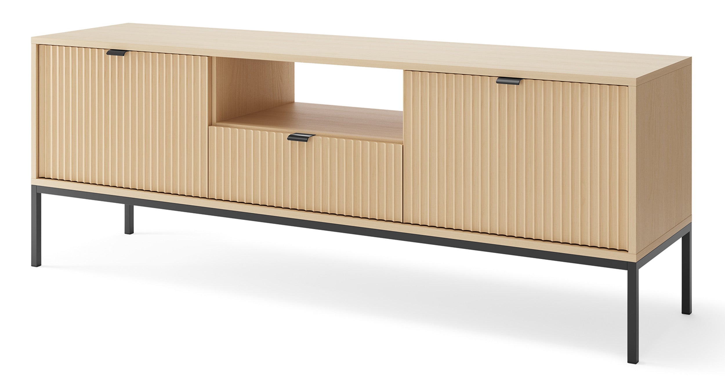 Zweittüriger TV-Schrank Vellore mit Schublade und geriffelter Front, 154 cm, Vicenza-Eiche auf schwarzen Füßen