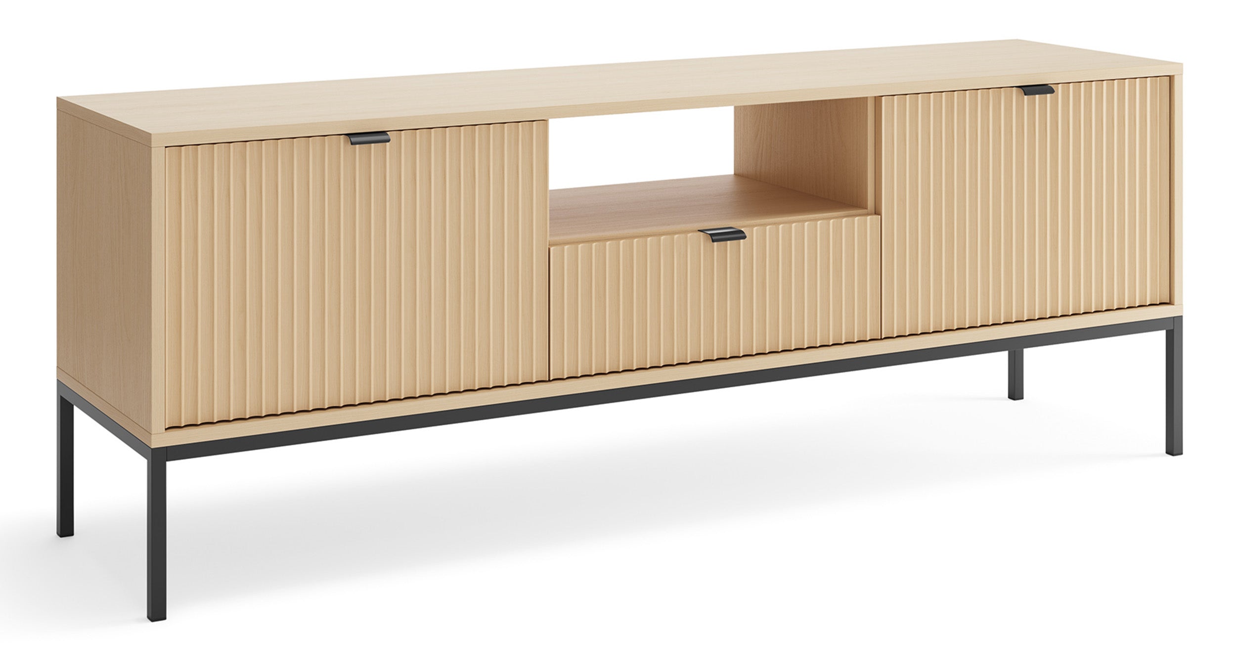 Zweittüriger TV-Schrank Vellore mit Schublade und geriffelter Front, 154 cm, Vicenza-Eiche auf schwarzen Füßen