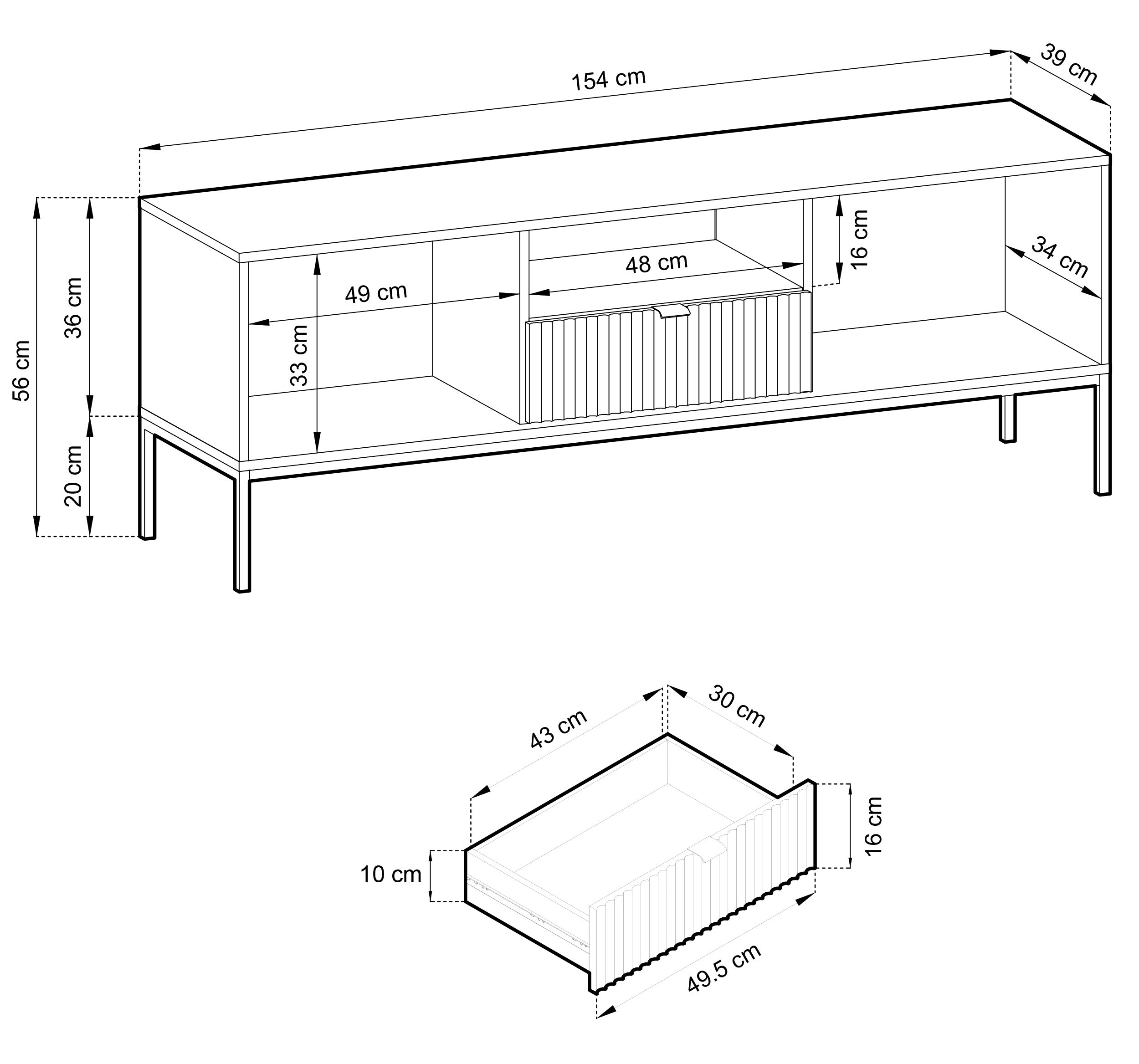 Zweittüriger TV-Schrank Vellore mit Schublade und geriffelter Front, 154 cm, Vicenza-Eiche auf schwarzen Füßen