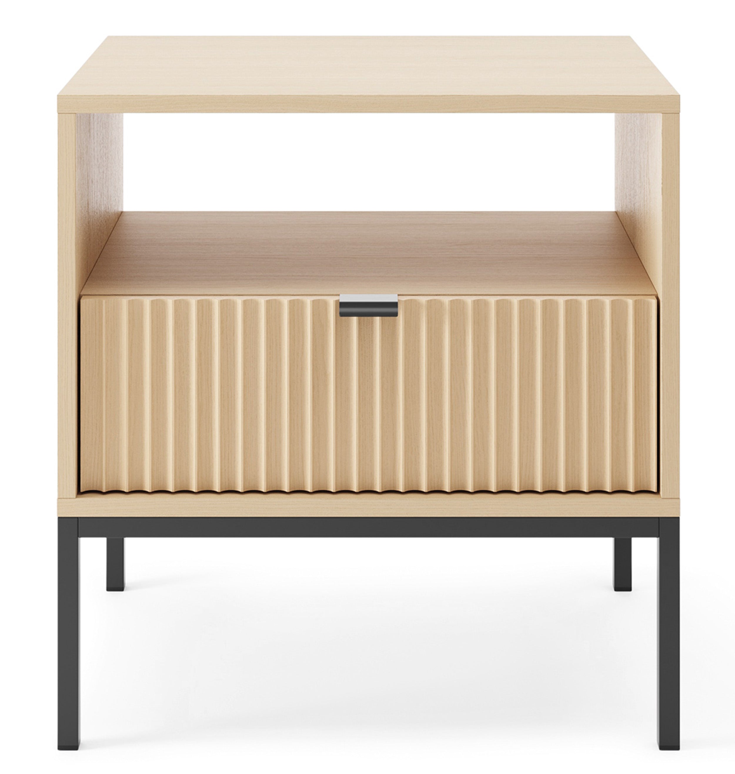 Nachttisch Vellore mit Schublade und geriffelter Front, 54 cm, Vicenza-Eiche auf schwarzen Beinen