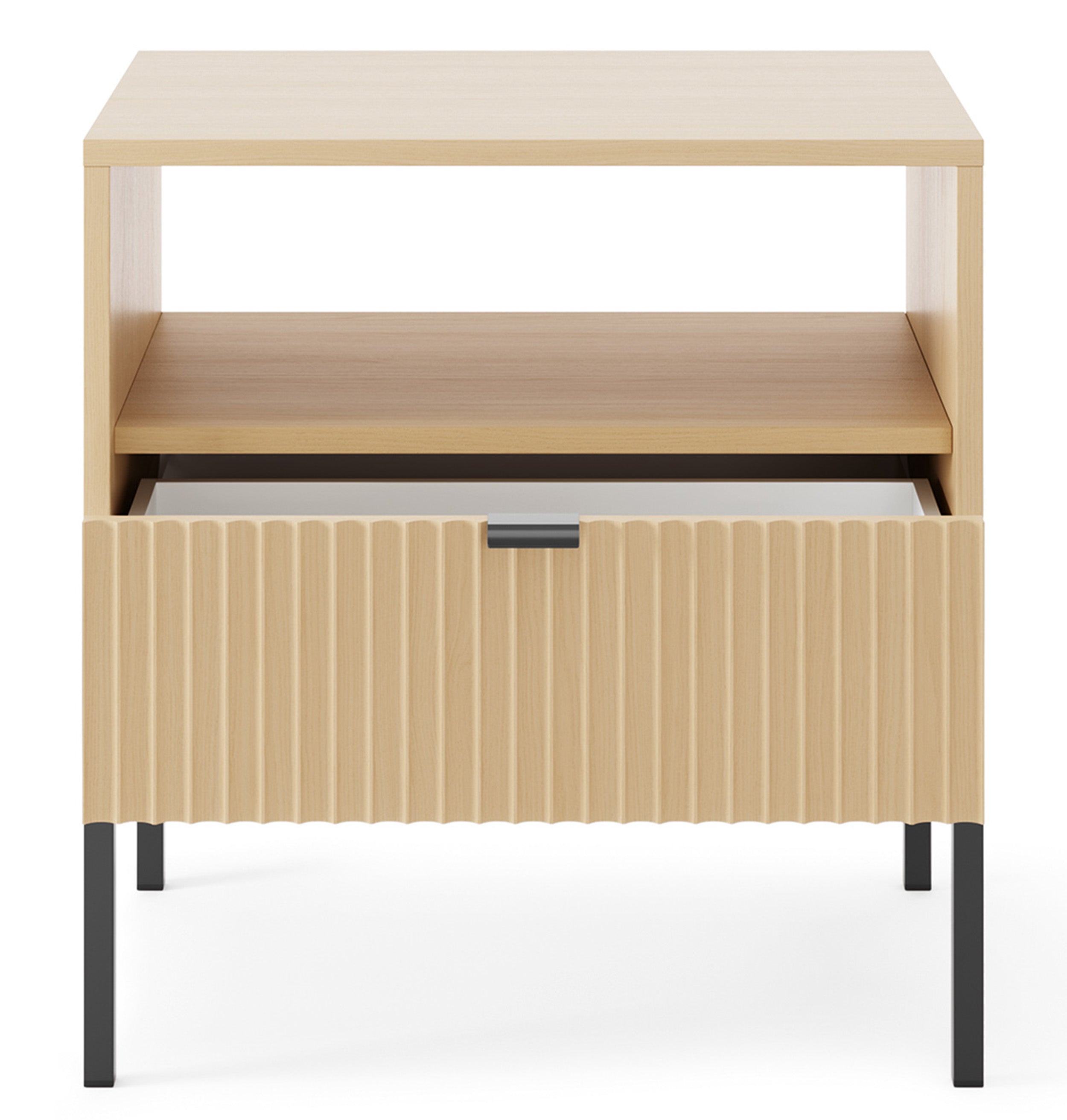 Nachttisch Vellore mit Schublade und geriffelter Front, 54 cm, Vicenza-Eiche auf schwarzen Beinen