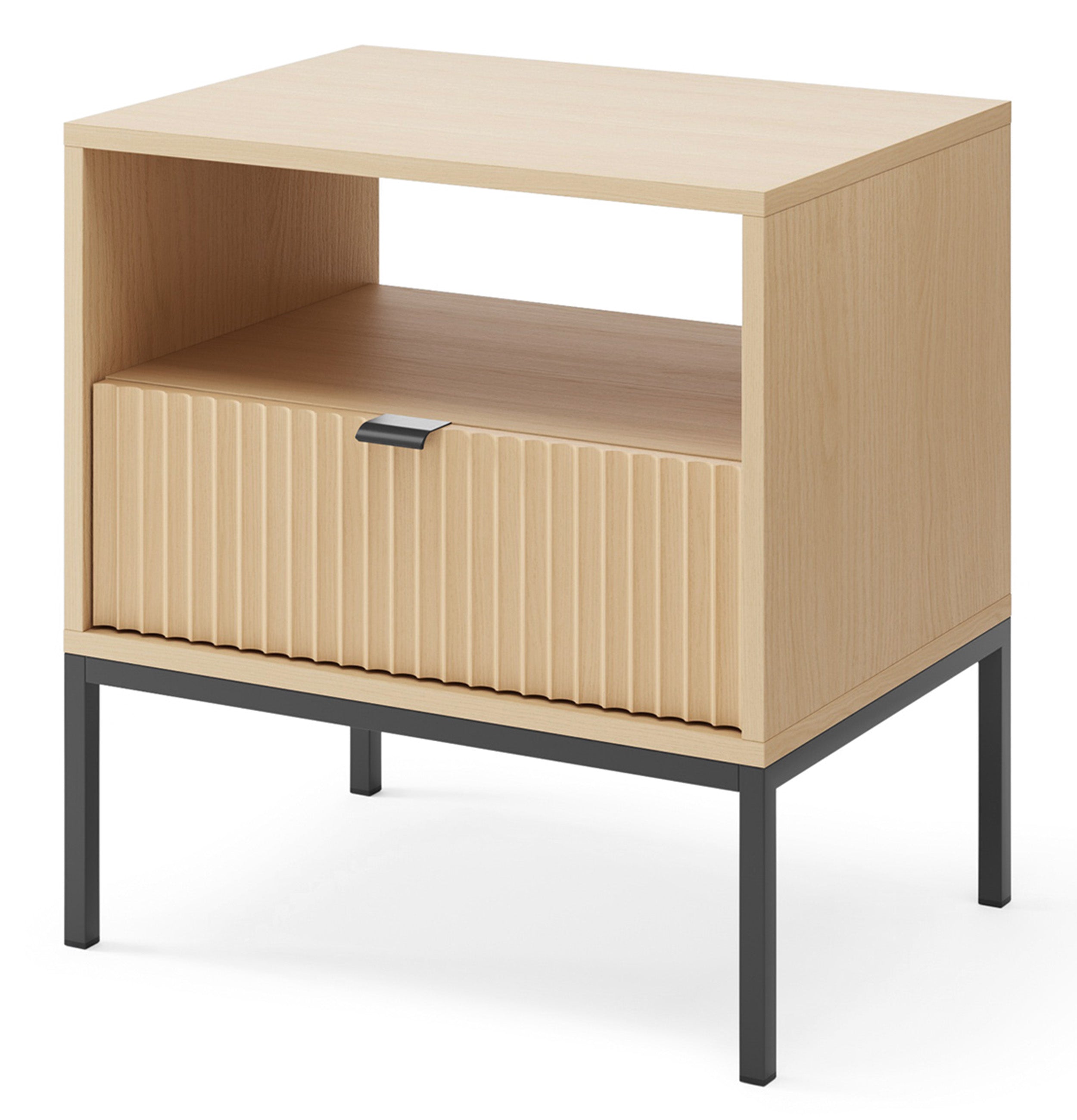 Nachttisch Vellore mit Schublade und geriffelter Front, 54 cm, Vicenza-Eiche auf schwarzen Beinen