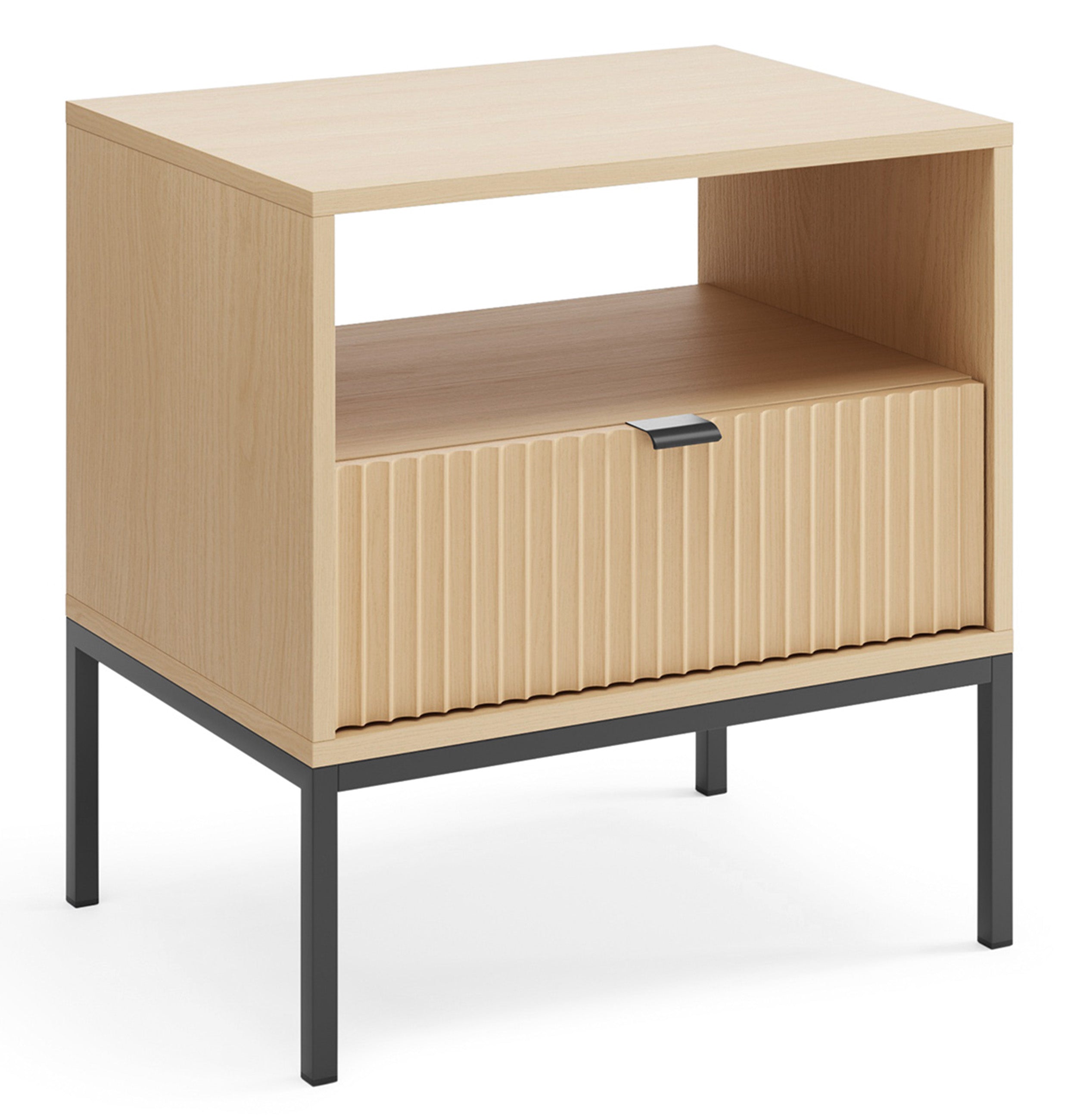 Nachttisch Vellore mit Schublade und geriffelter Front, 54 cm, Vicenza-Eiche auf schwarzen Beinen