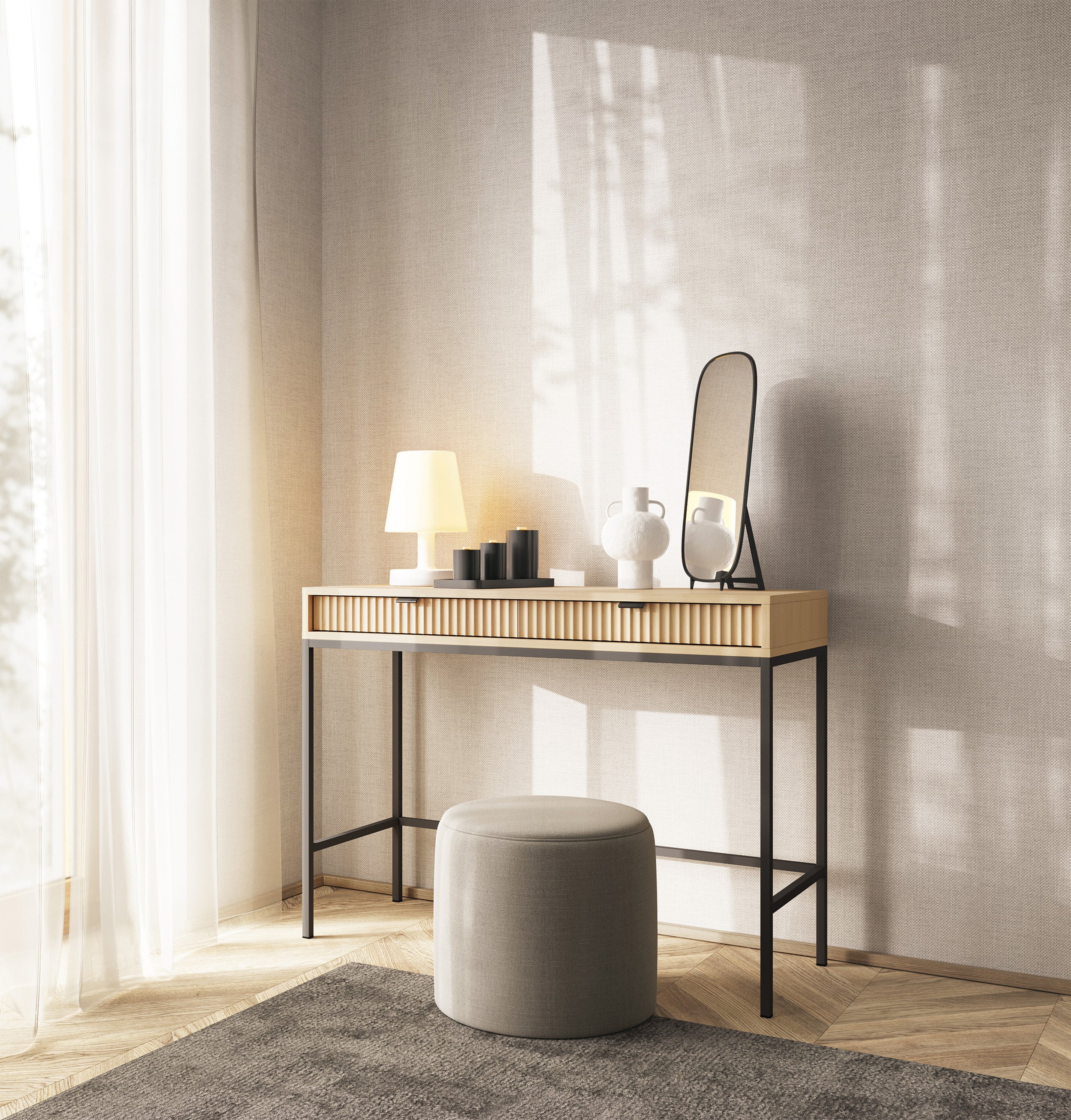 Toilettentisch Vellore mit zwei Schubladen und geriffelter Front, 104 cm, Vicenza-Eiche auf schwarzen Beinen