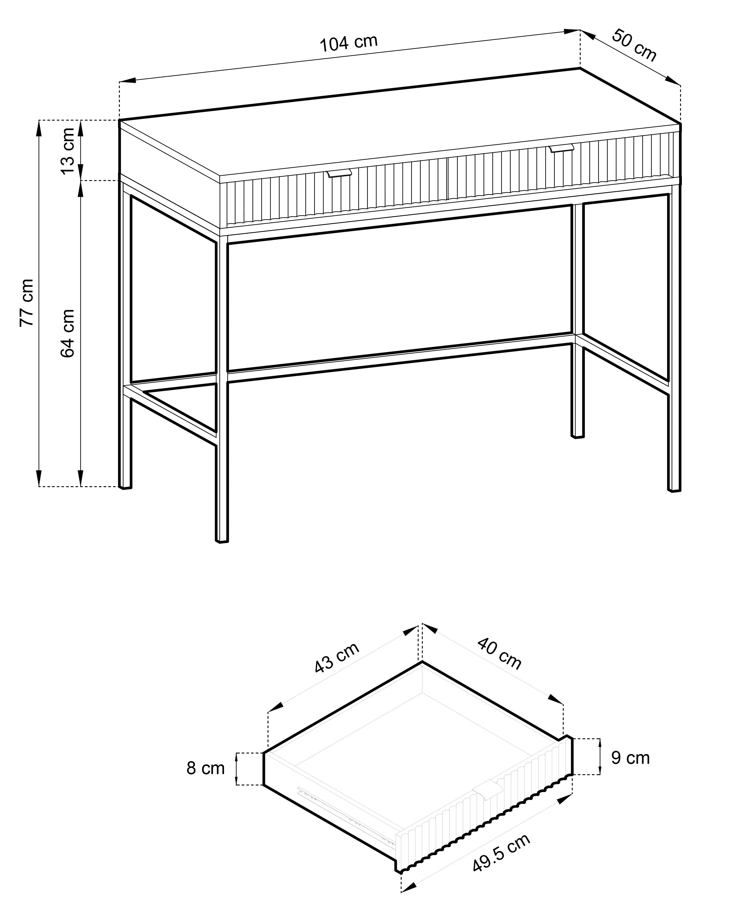 Toilettentisch Vellore mit zwei Schubladen und geriffelter Front, 104 cm, Vicenza-Eiche auf schwarzen Beinen