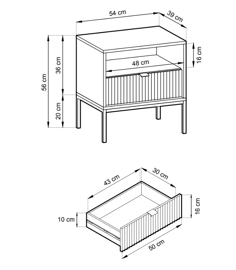 Nachttisch Vellore 54 cm grün mit geriffelter Front, schwarzen Griffen und Gestell