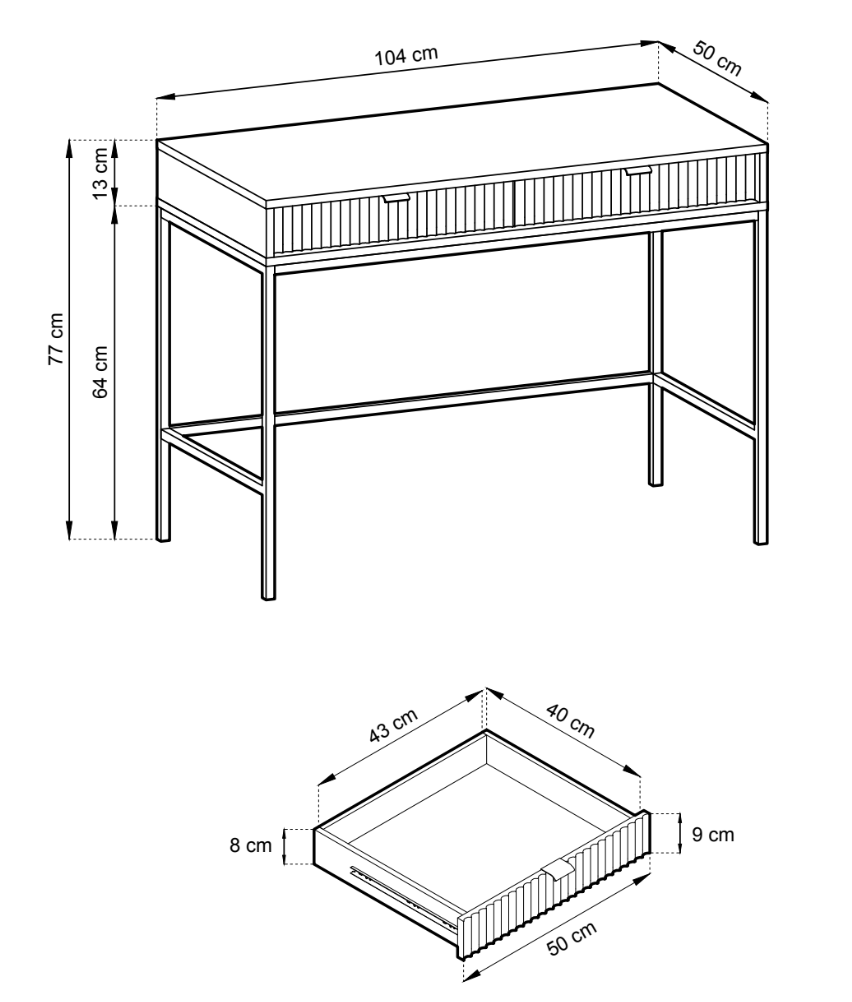 Schminktisch-Schreibtisch Vellore 104 cm grün mit geriffelten Fronten, schwarzen Griffen und Gestell