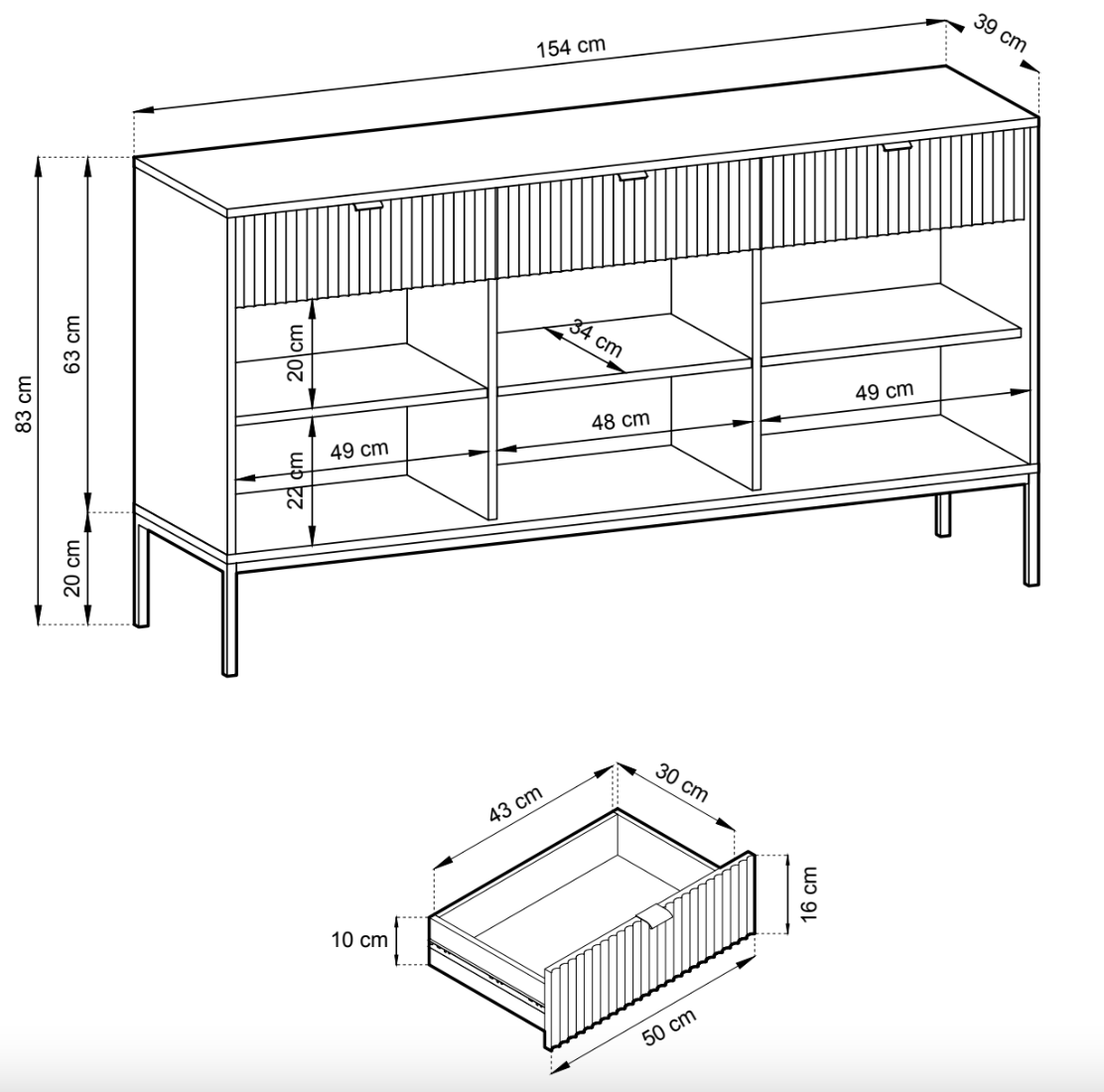 Drehtür-Kommode Vellore 154 cm Kaschmir mit gerillten Fronten und goldenem Gestell