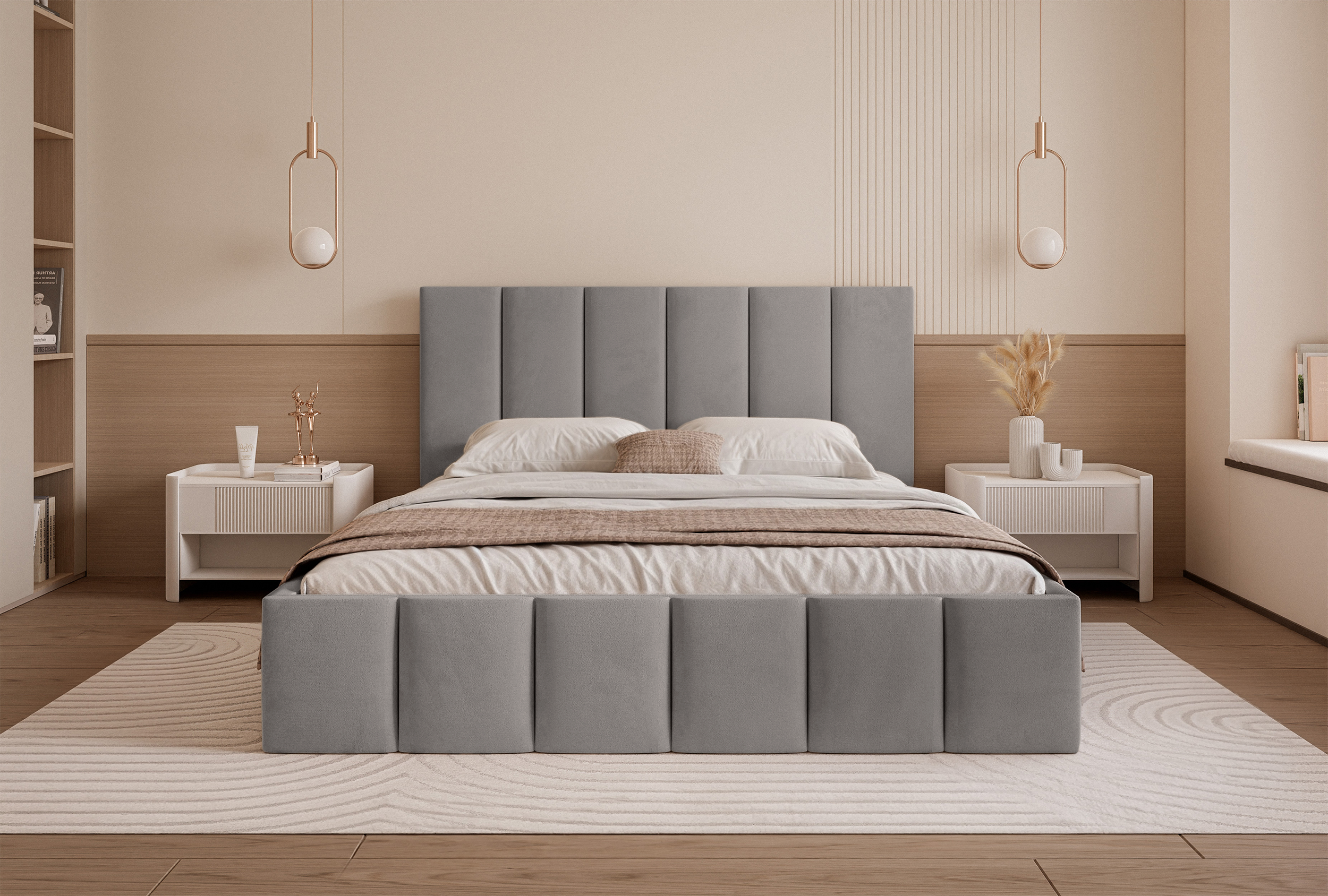 Polsterbett 180x200 cm Sarafino mit Bettkasten, hellgrauer Samt, Metalllattenrost