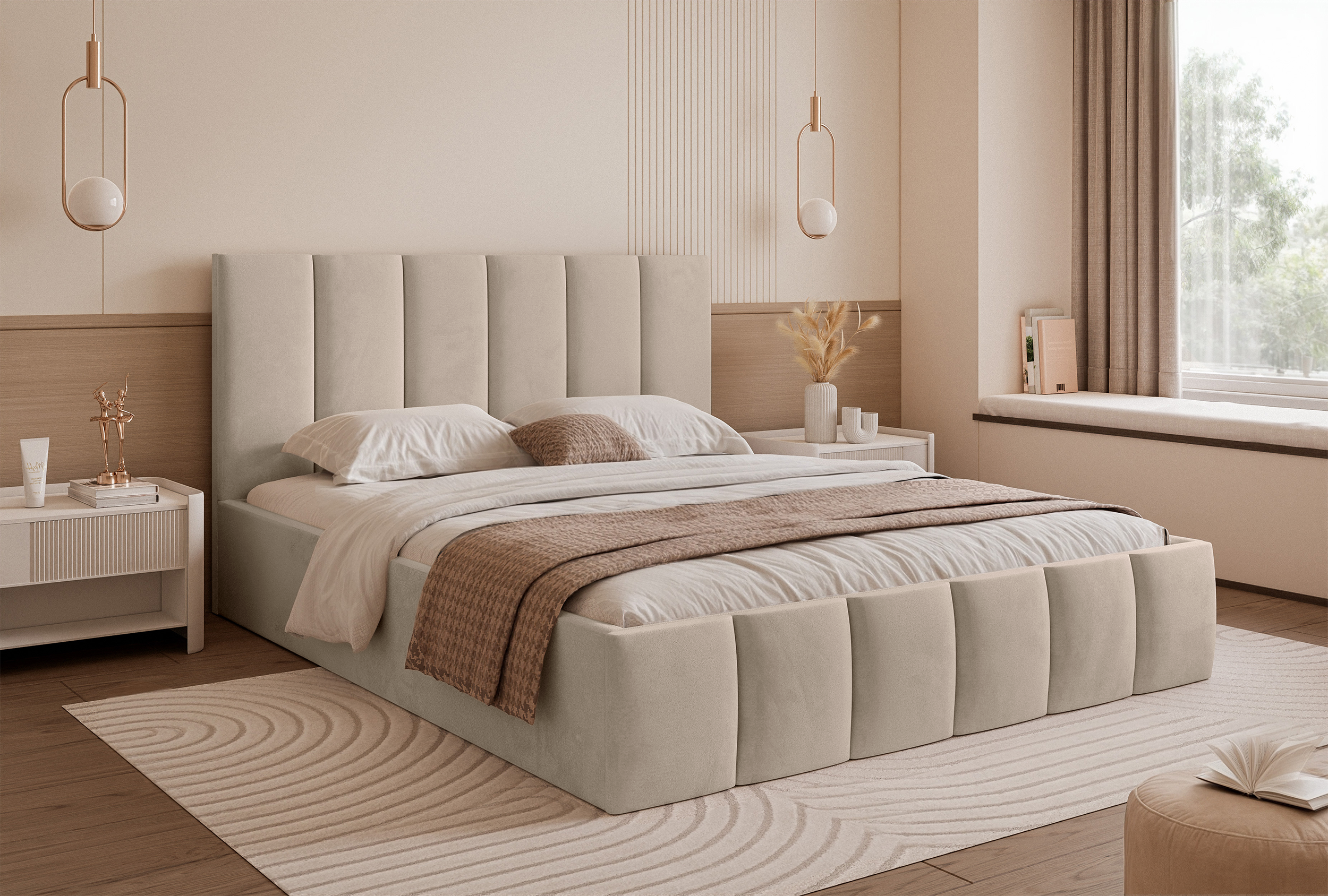Polsterbett 160x200 cm Sarafino mit Bettkasten, beige Samt, Metallrahmen