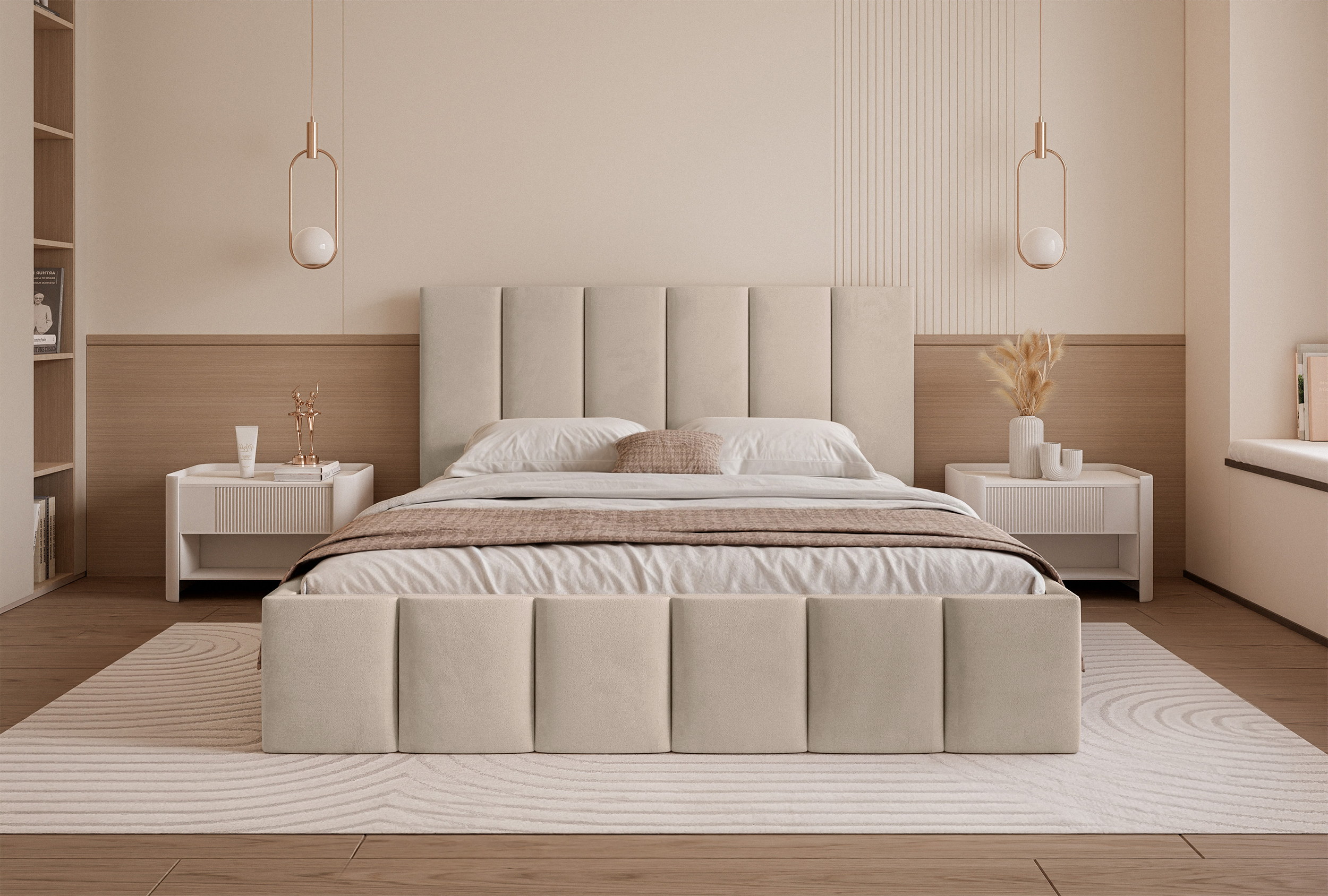 Polsterbett 160x200 cm Sarafino mit Bettkasten, beige Samt, Metallrahmen