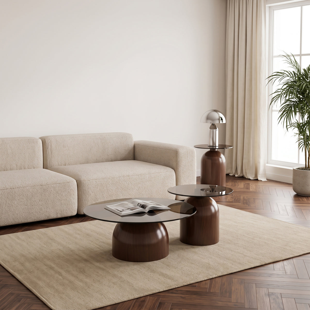 Velmorra runder Couchtisch, Durchmesser 50 cm, mit getöntem Glasplatte und Metallgestell in Nussbaum