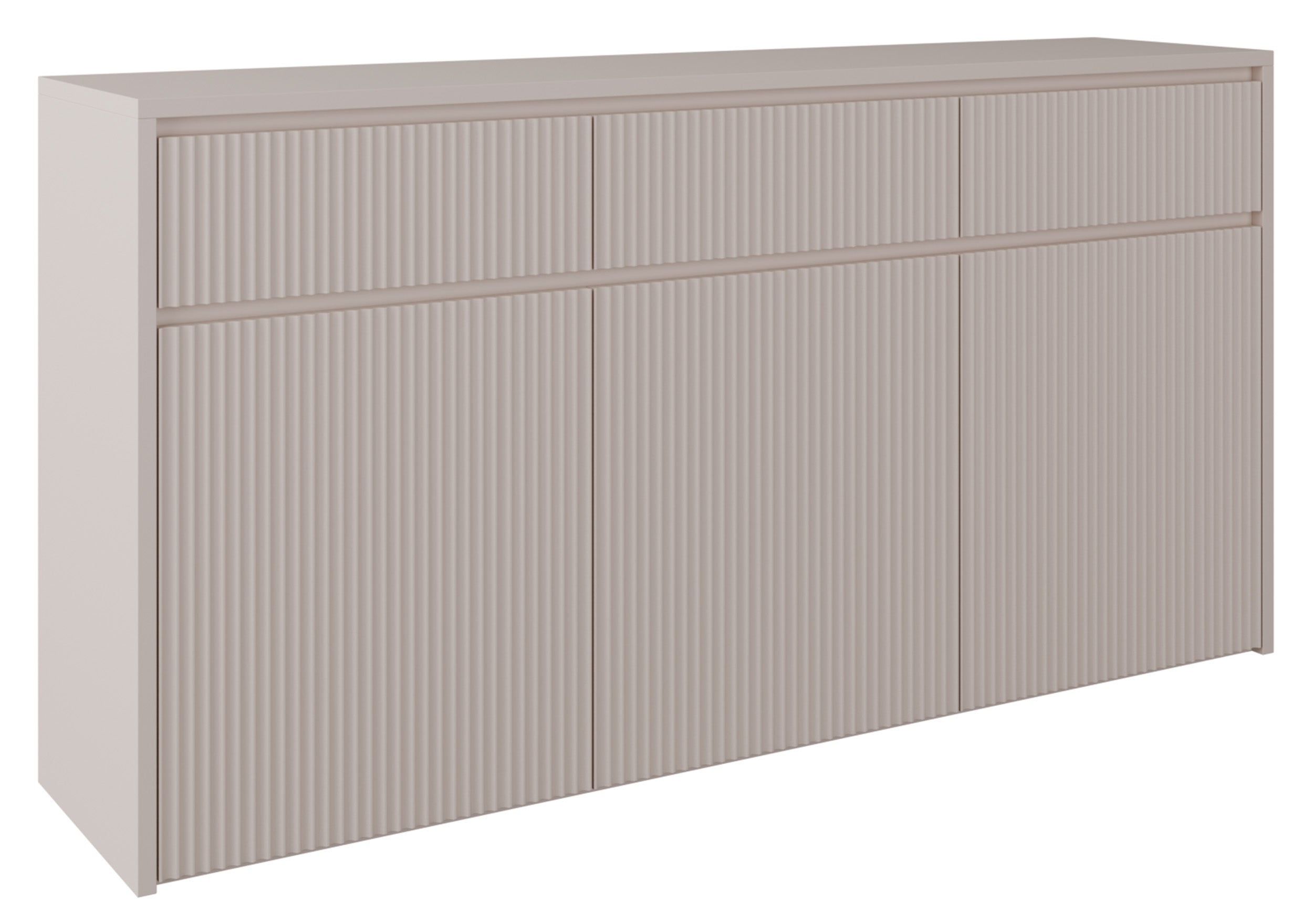 Drehtür-Kommode Vemmi mit drei Schubladen, 155 cm, mit geriffelter Kaschmir-Front