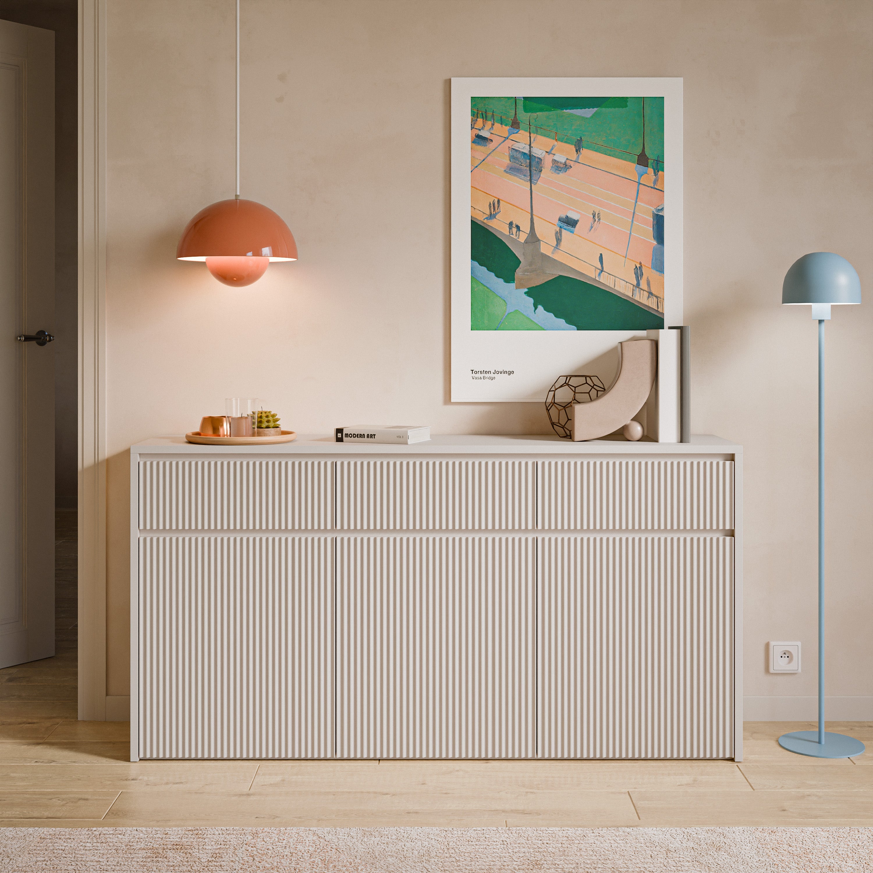 Drehtür-Kommode Vemmi mit drei Schubladen, 155 cm, mit geriffelter Kaschmir-Front