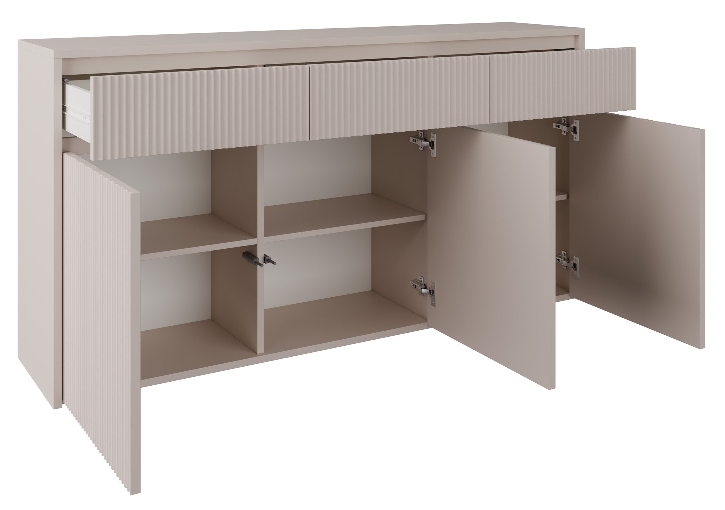 Drehtür-Kommode Vemmi mit drei Schubladen, 155 cm, mit geriffelter Kaschmir-Front