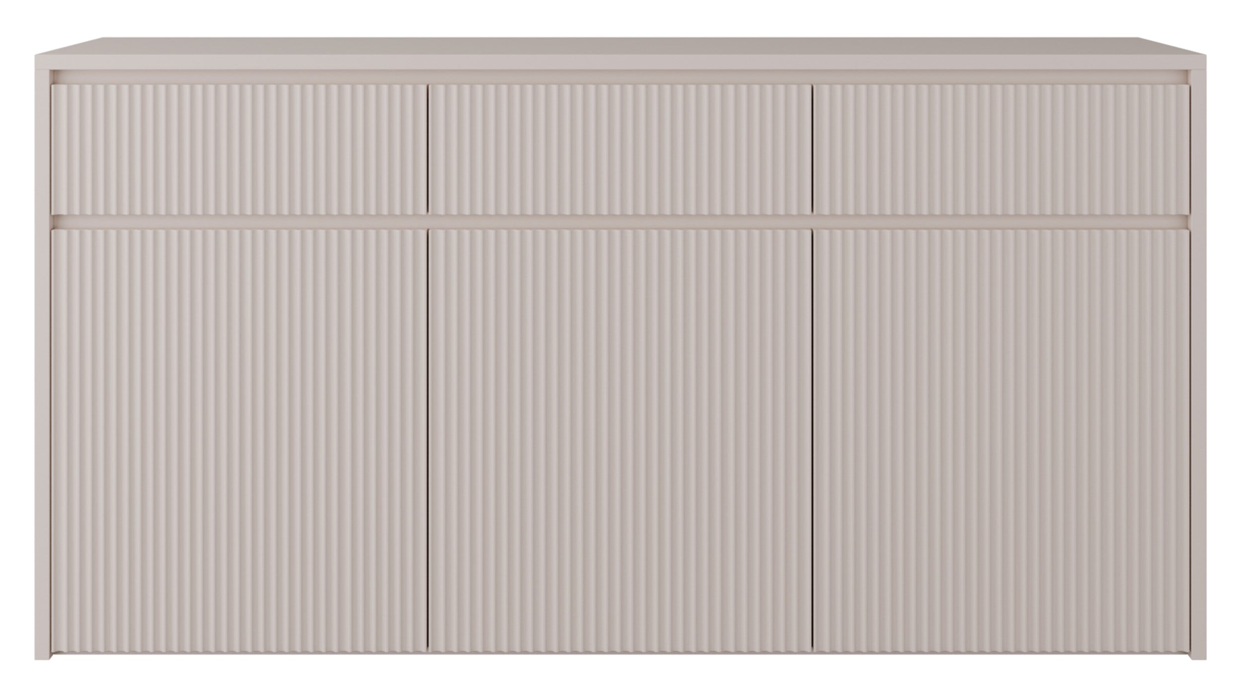 Drehtür-Kommode Vemmi mit drei Schubladen, 155 cm, mit geriffelter Kaschmir-Front