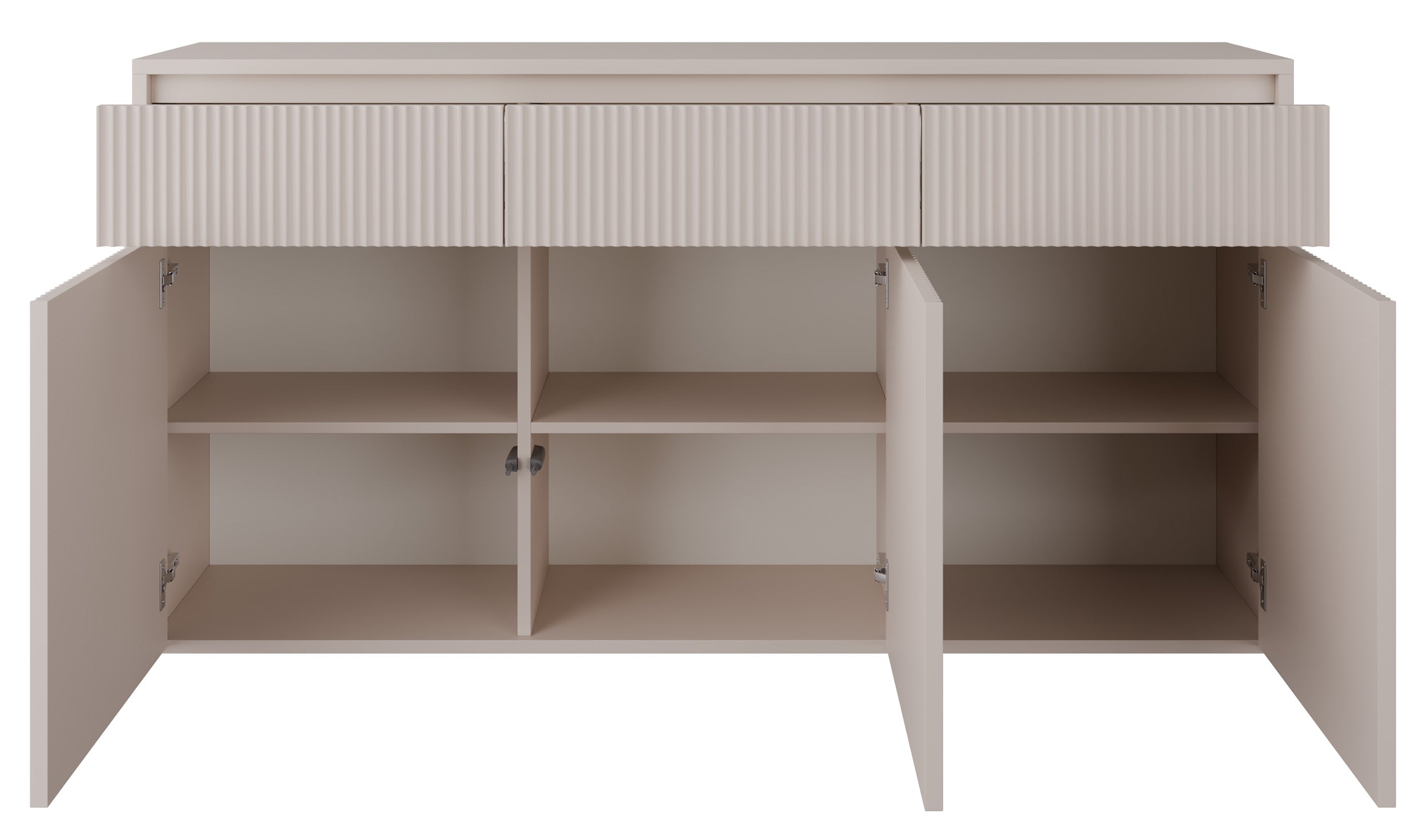 Drehtür-Kommode Vemmi mit drei Schubladen, 155 cm, mit geriffelter Kaschmir-Front