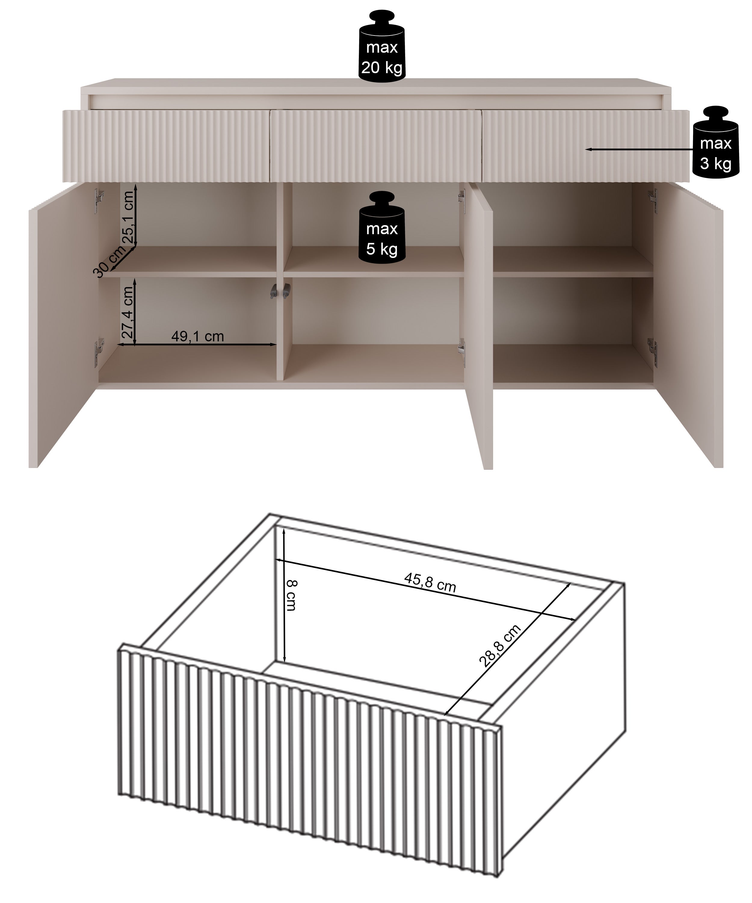 Drehtür-Kommode Vemmi mit drei Schubladen, 155 cm, mit geriffelter Kaschmir-Front