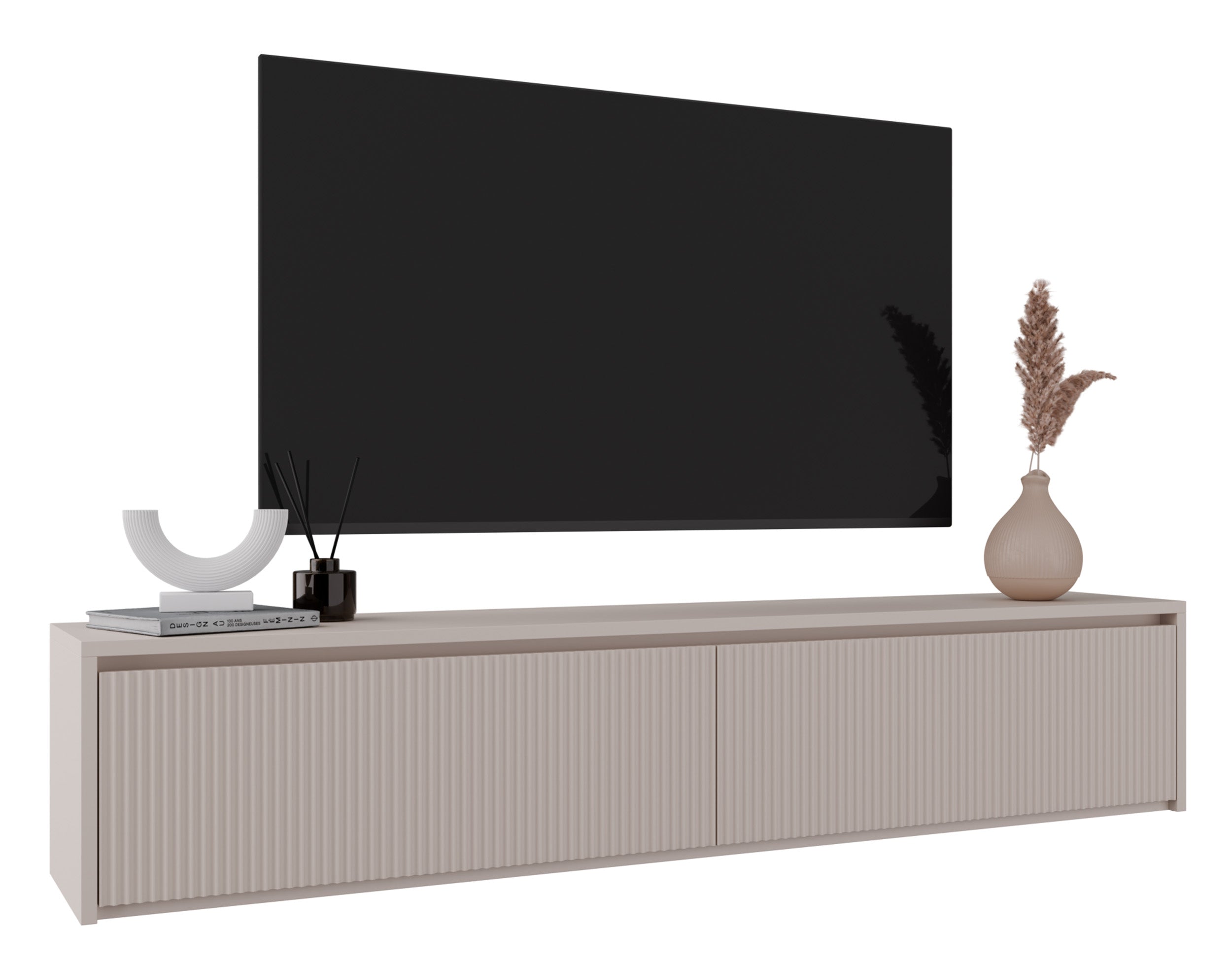 Drehtür-Kommode Vemmi mit drei Schubladen, 155 cm, mit geriffelter Kaschmir-Front