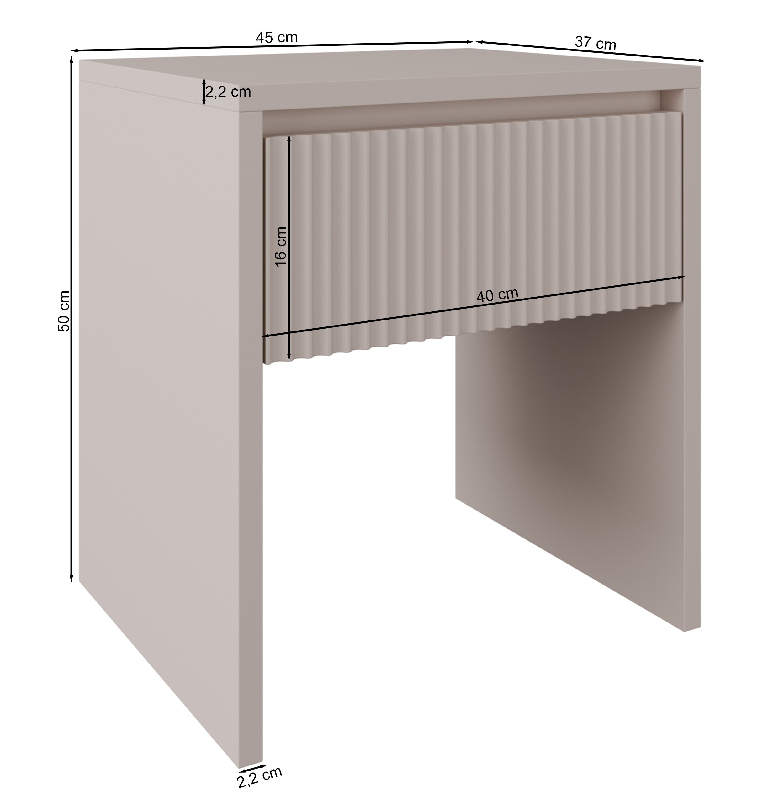 Nachttisch Vemmi mit Schublade 45 cm und geriffelter Kaschmir-Front