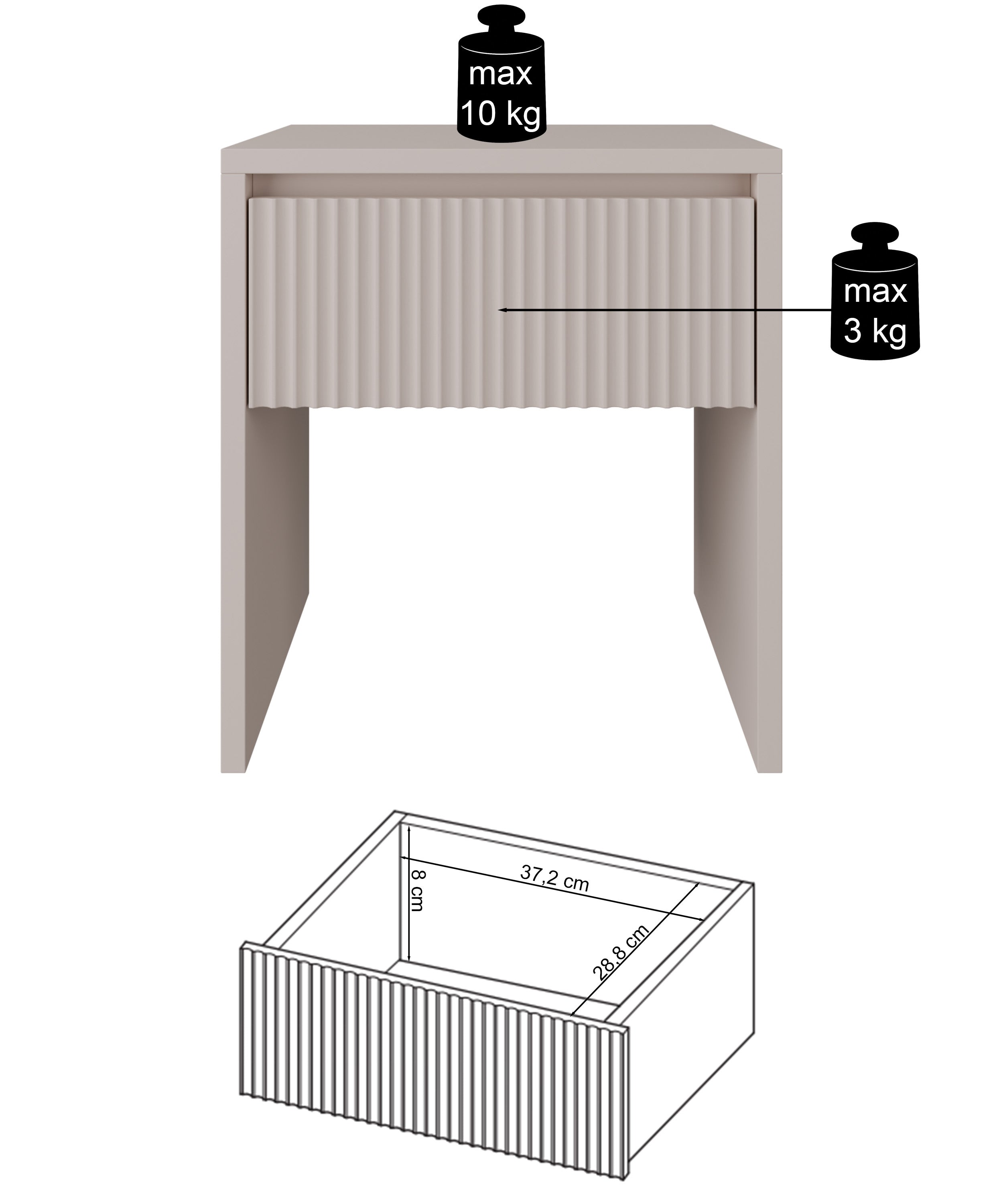 Nachttisch Vemmi mit Schublade 45 cm und geriffelter Kaschmir-Front