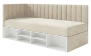 Jugendbett 90x200 cm Ventrio linksseitig mit Stauraum und Regalen, hellbeiger Velours, wasserabweisend und pflegeleicht