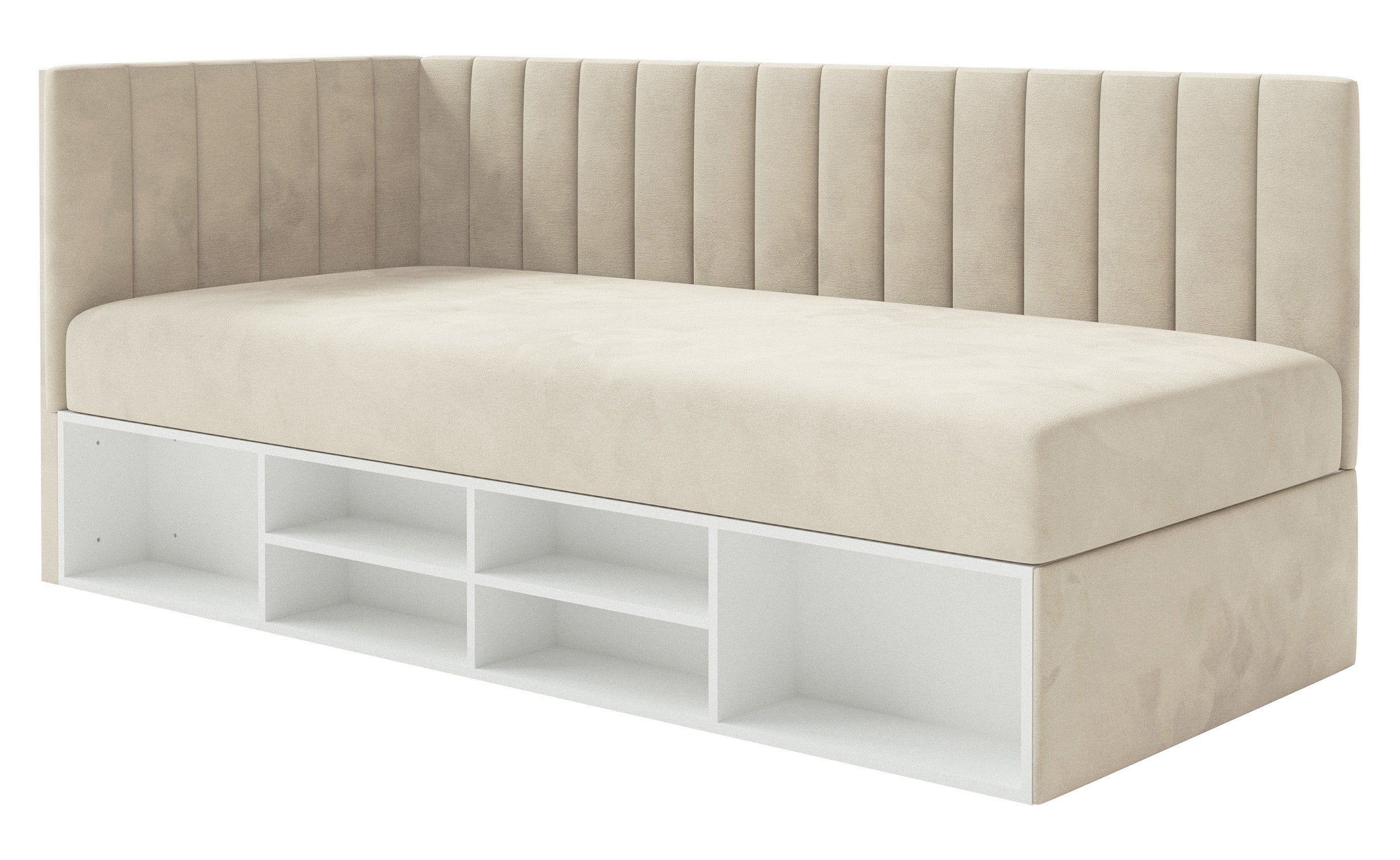 Jugendbett 90x200 cm Ventrio linksseitig mit Stauraum und Regalen, hellbeiger Velours, wasserabweisend und pflegeleicht