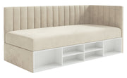 Jugendbett 90x200 cm Ventrio, rechtsseitig, mit Stauraum und Regalen, hellbeiger Velours, wasserabweisend und leicht zu reinigen