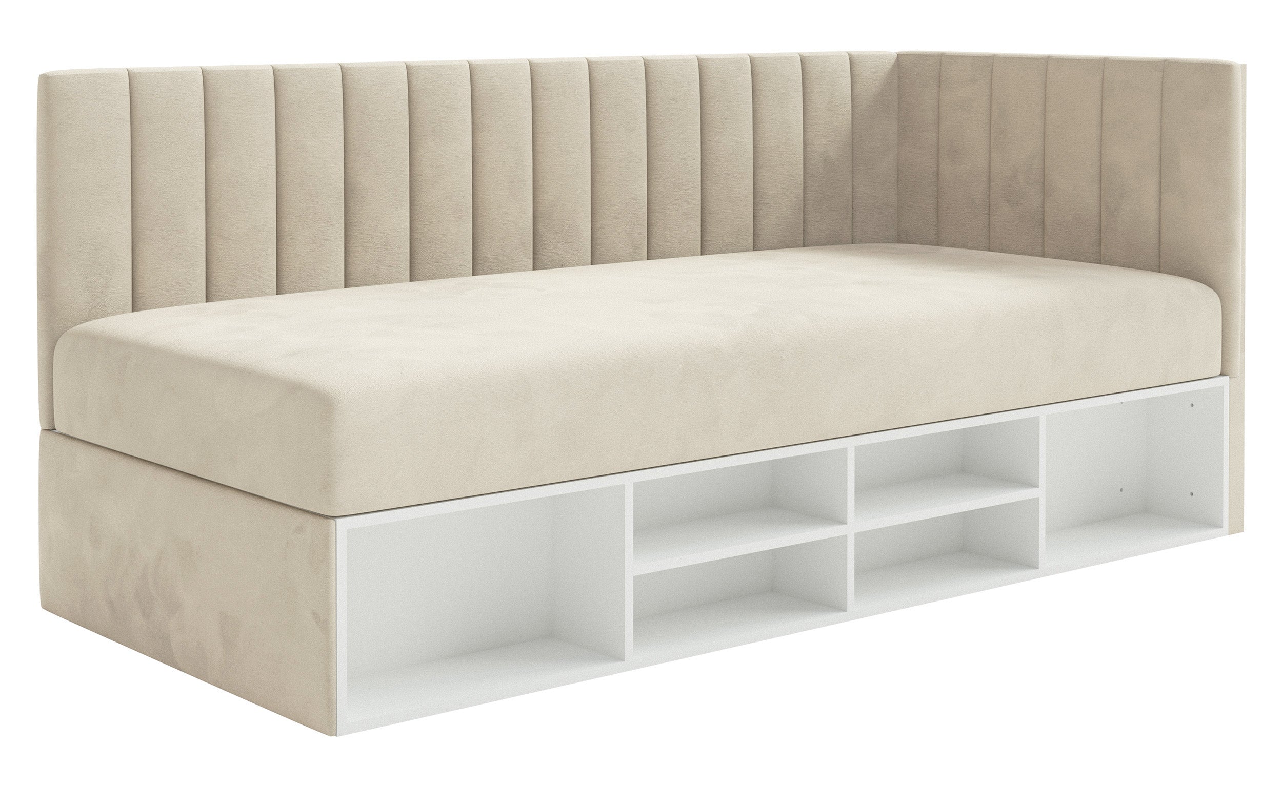 Jugendbett 90x200 cm Ventrio, rechtsseitig, mit Stauraum und Regalen, hellbeiger Velours, wasserabweisend und leicht zu reinigen