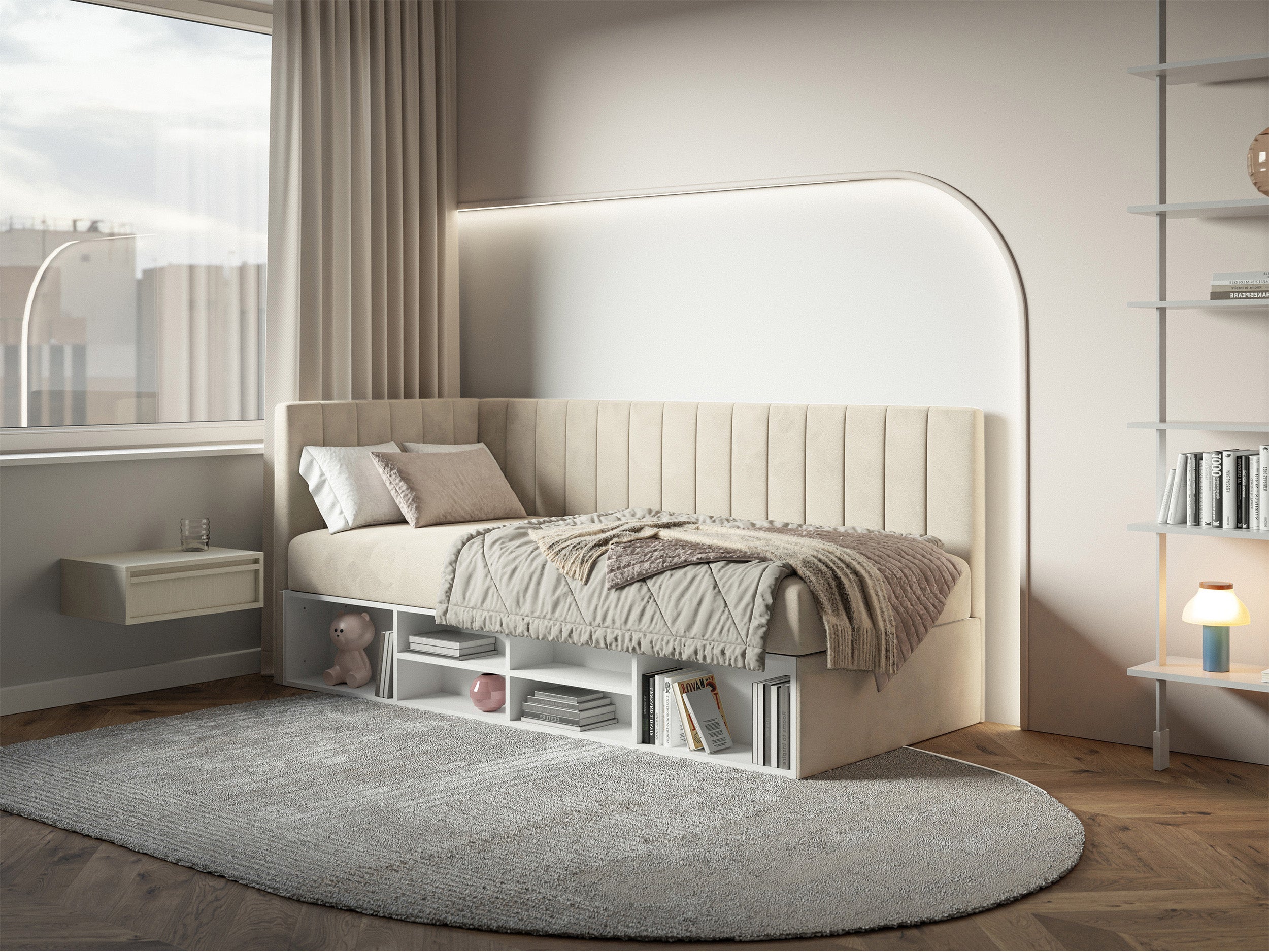 Jugendbett 90x200 cm Ventrio linksseitig mit Stauraum und Regalen, hellbeiger Velours, wasserabweisend und pflegeleicht