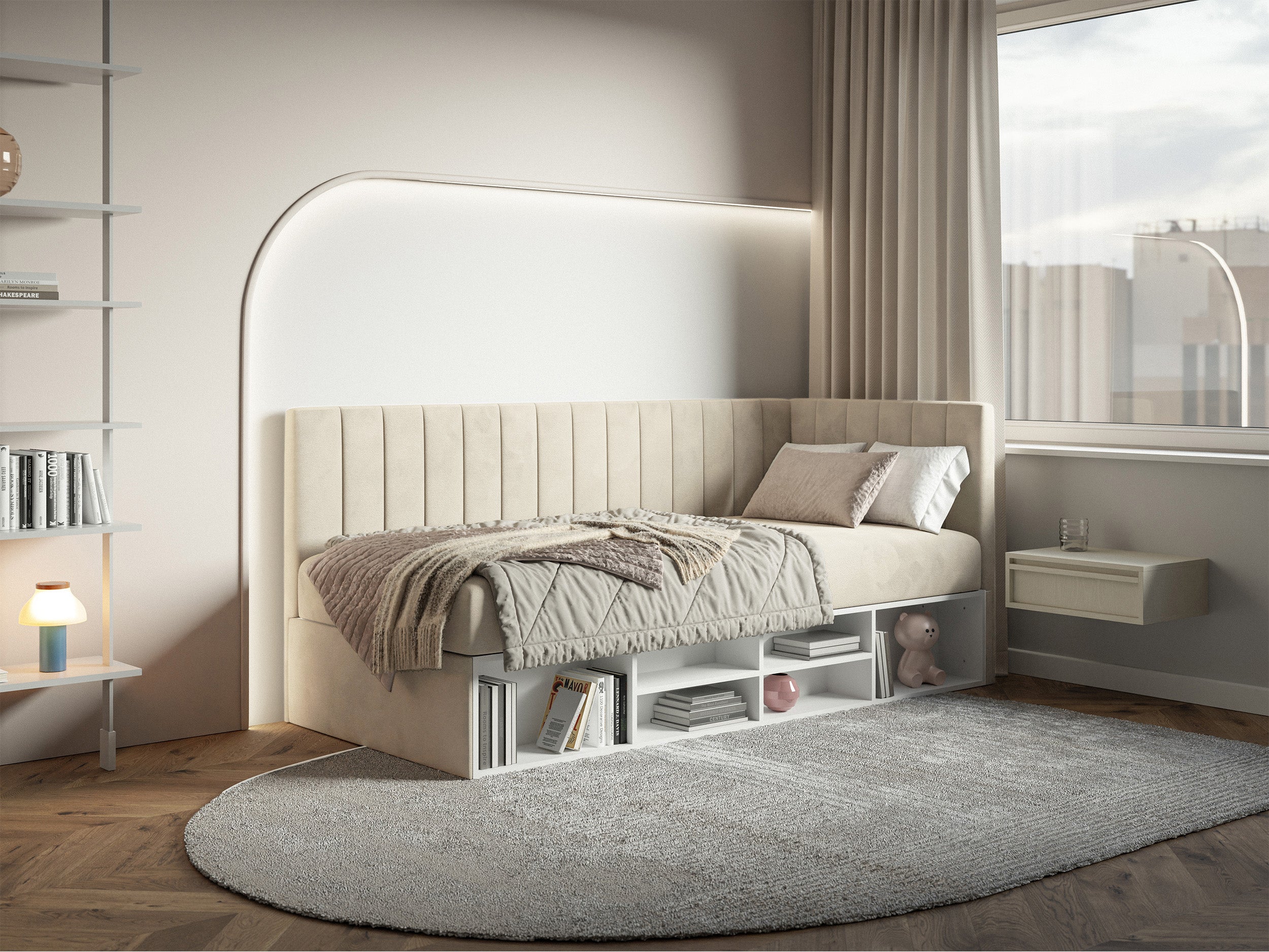 Jugendbett 90x200 cm Ventrio, rechtsseitig, mit Stauraum und Regalen, hellbeiger Velours, wasserabweisend und leicht zu reinigen
