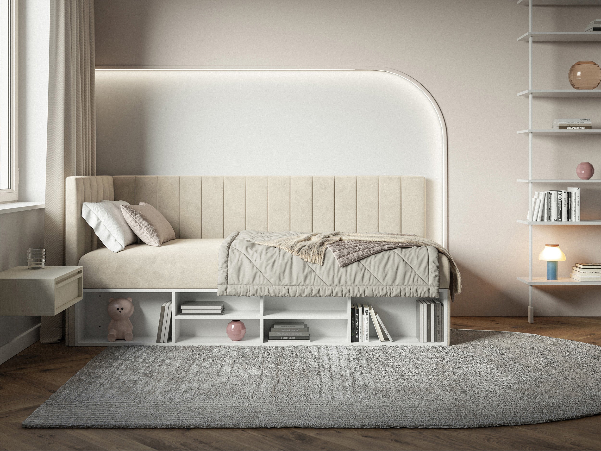Jugendbett 90x200 cm Ventrio linksseitig mit Stauraum und Regalen, hellbeiger Velours, wasserabweisend und pflegeleicht