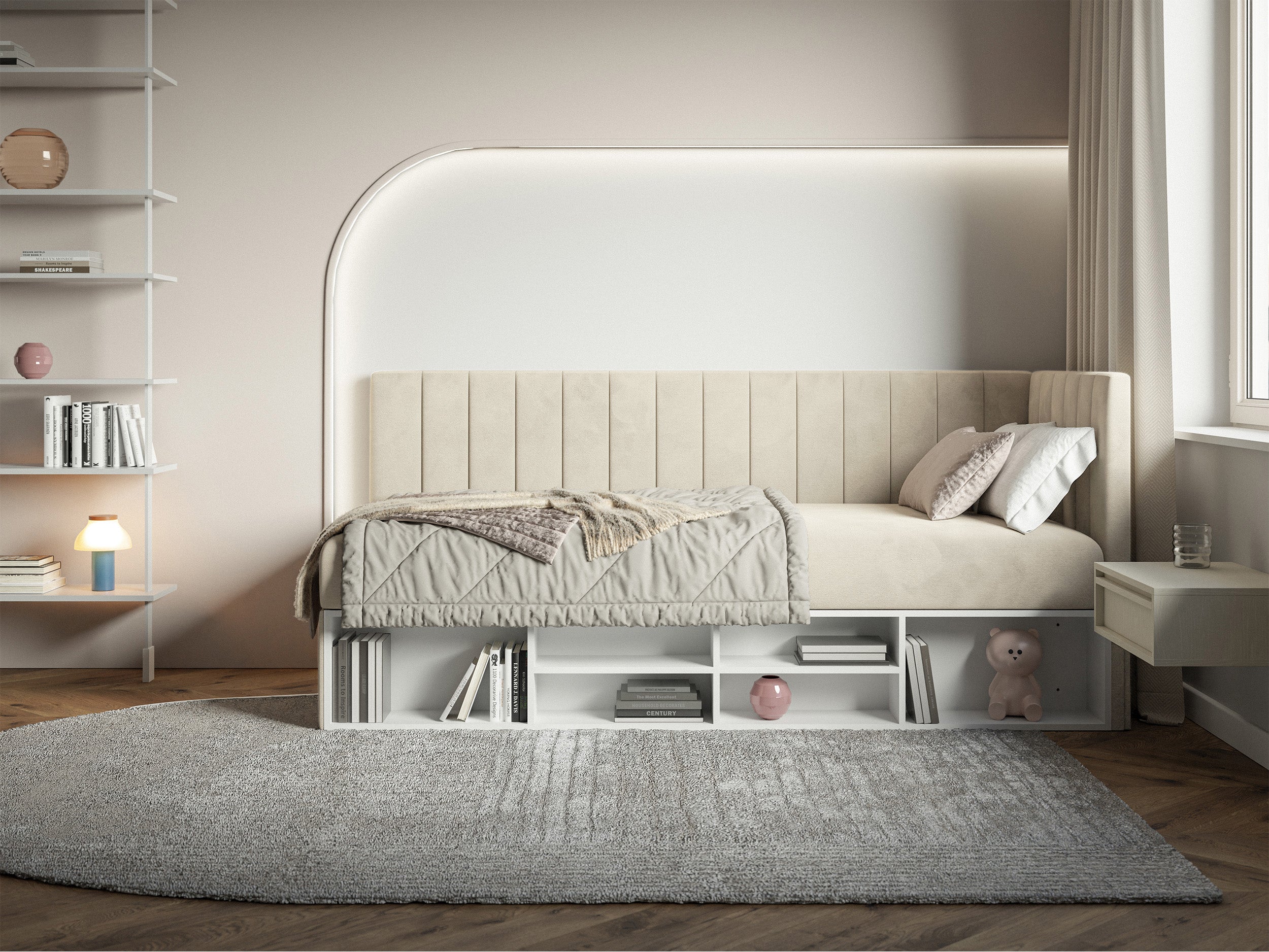 Jugendbett 90x200 cm Ventrio, rechtsseitig, mit Stauraum und Regalen, hellbeiger Velours, wasserabweisend und leicht zu reinigen