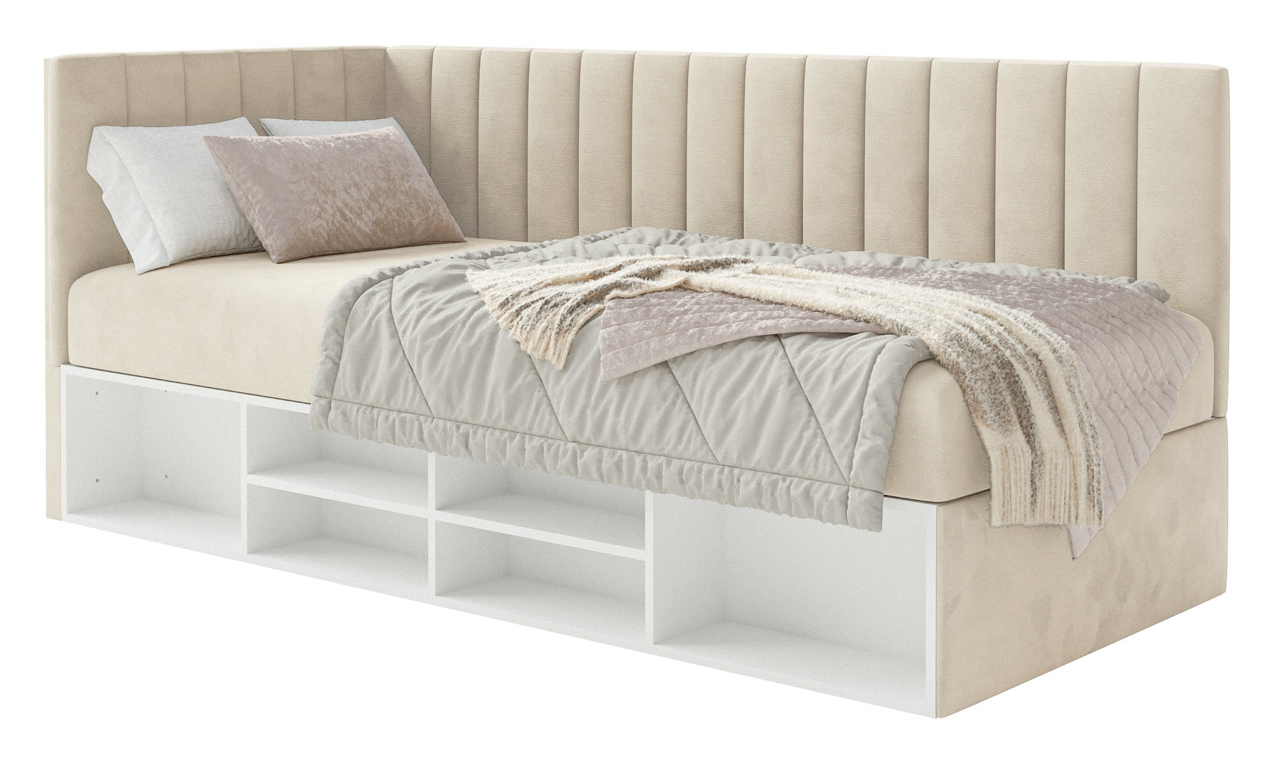 Jugendbett 90x200 cm Ventrio linksseitig mit Stauraum und Regalen, hellbeiger Velours, wasserabweisend und pflegeleicht
