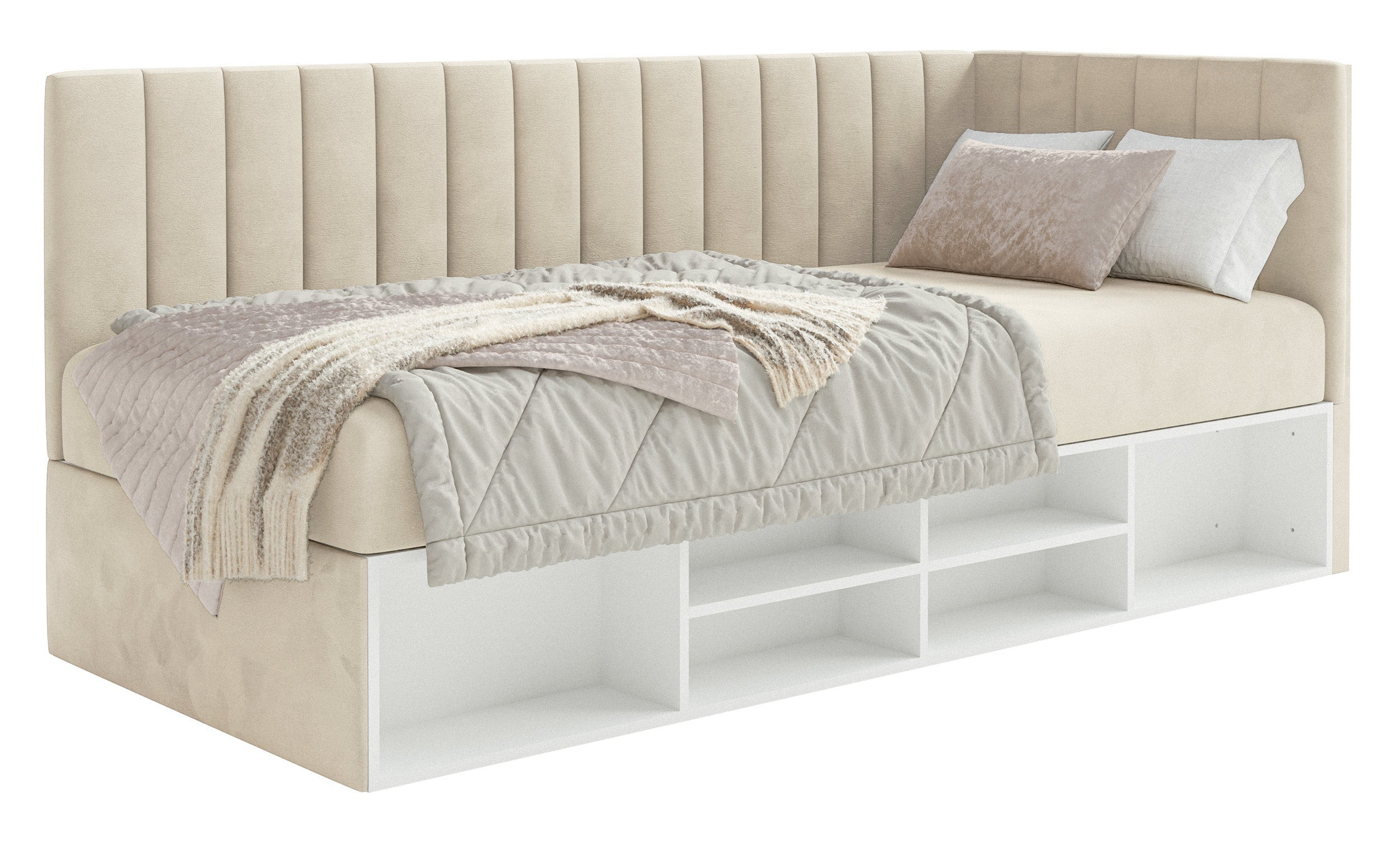 Jugendbett 90x200 cm Ventrio, rechtsseitig, mit Stauraum und Regalen, hellbeiger Velours, wasserabweisend und leicht zu reinigen