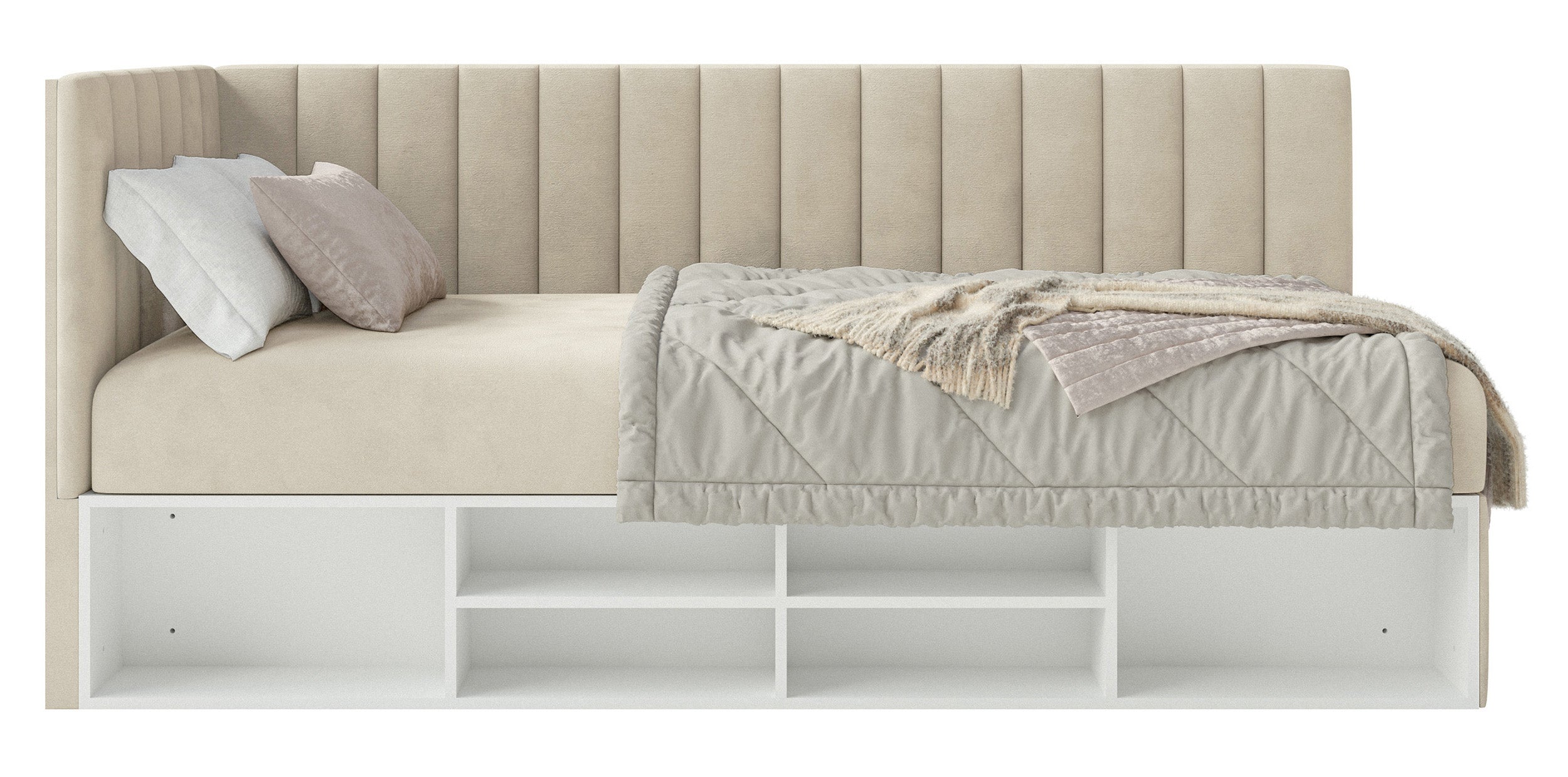Jugendbett 90x200 cm Ventrio linksseitig mit Stauraum und Regalen, hellbeiger Velours, wasserabweisend und pflegeleicht