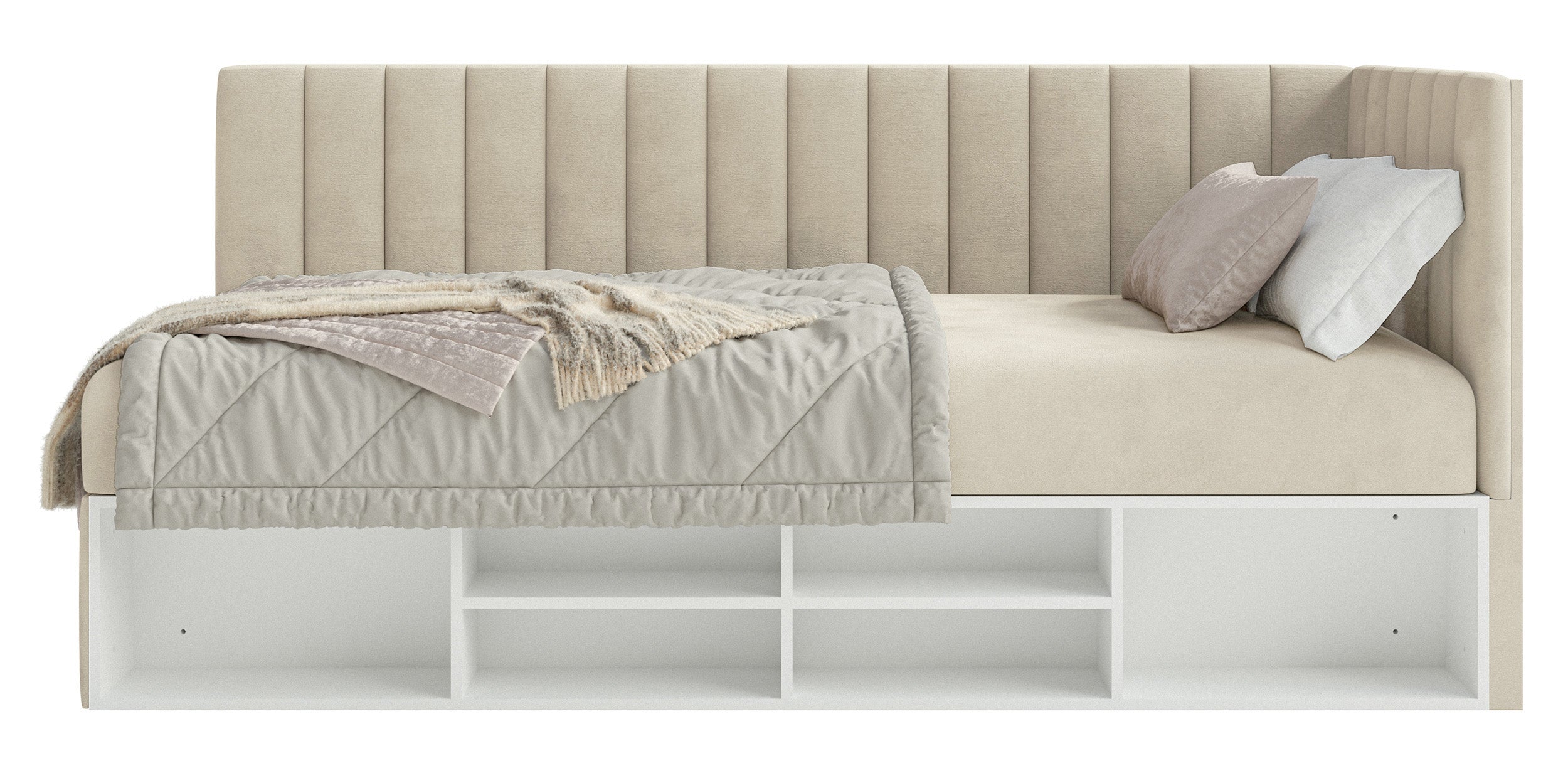 Jugendbett 90x200 cm Ventrio, rechtsseitig, mit Stauraum und Regalen, hellbeiger Velours, wasserabweisend und leicht zu reinigen