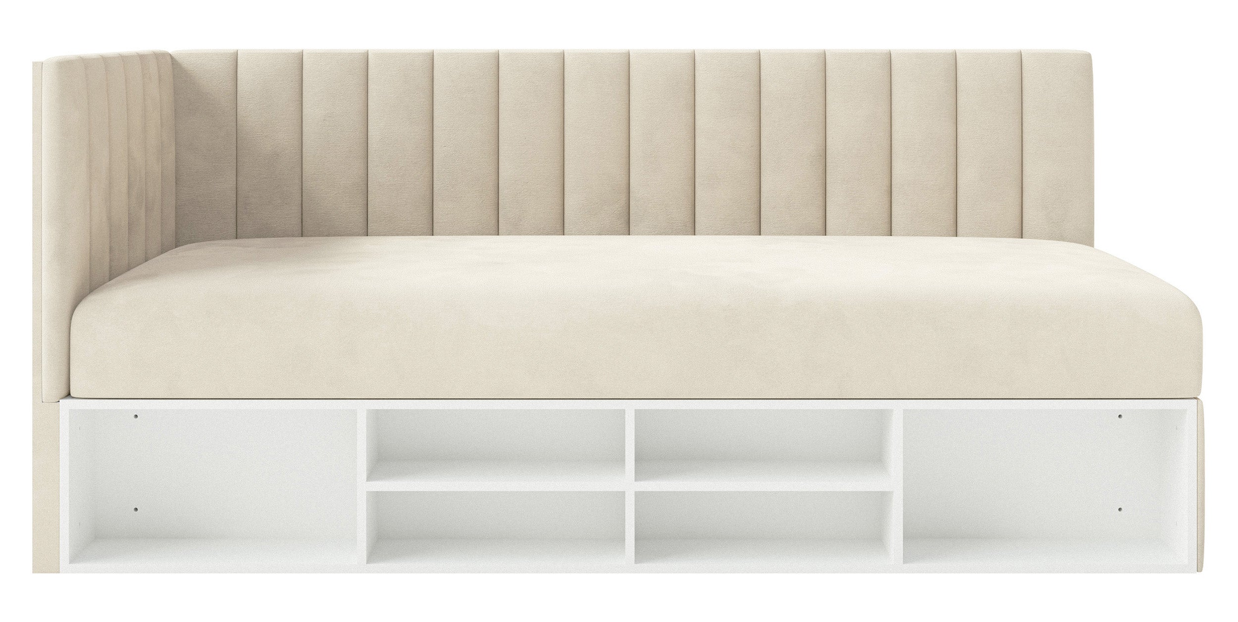 Jugendbett 90x200 cm Ventrio linksseitig mit Stauraum und Regalen, hellbeiger Velours, wasserabweisend und pflegeleicht