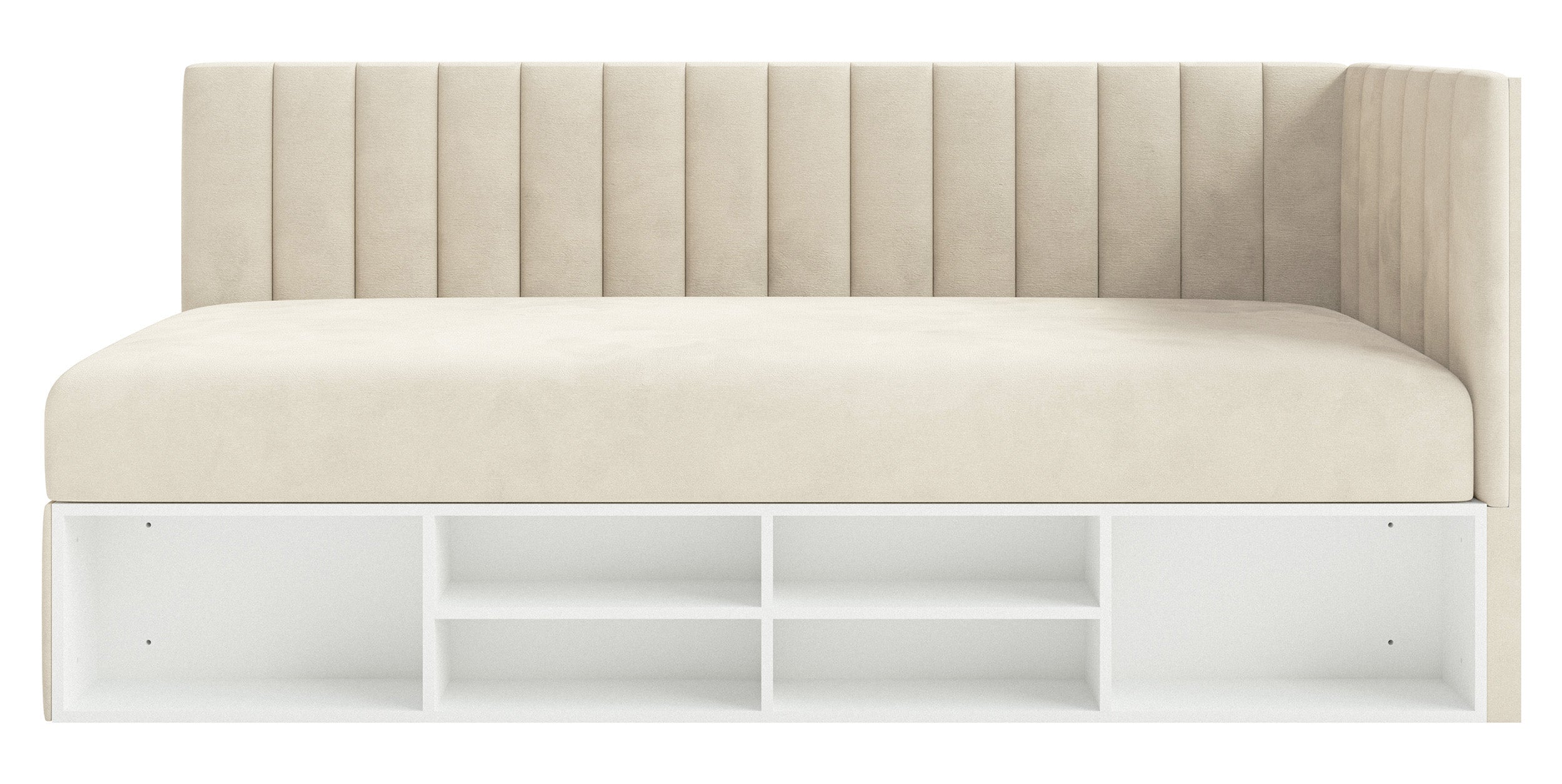 Jugendbett 90x200 cm Ventrio, rechtsseitig, mit Stauraum und Regalen, hellbeiger Velours, wasserabweisend und leicht zu reinigen