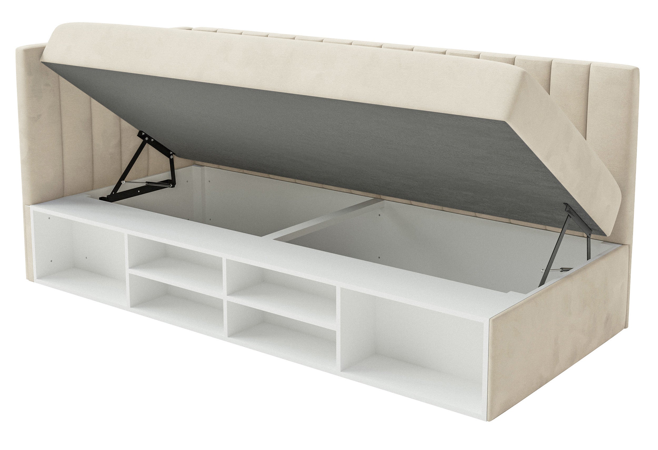 Jugendbett 90x200 cm Ventrio linksseitig mit Stauraum und Regalen, hellbeiger Velours, wasserabweisend und pflegeleicht