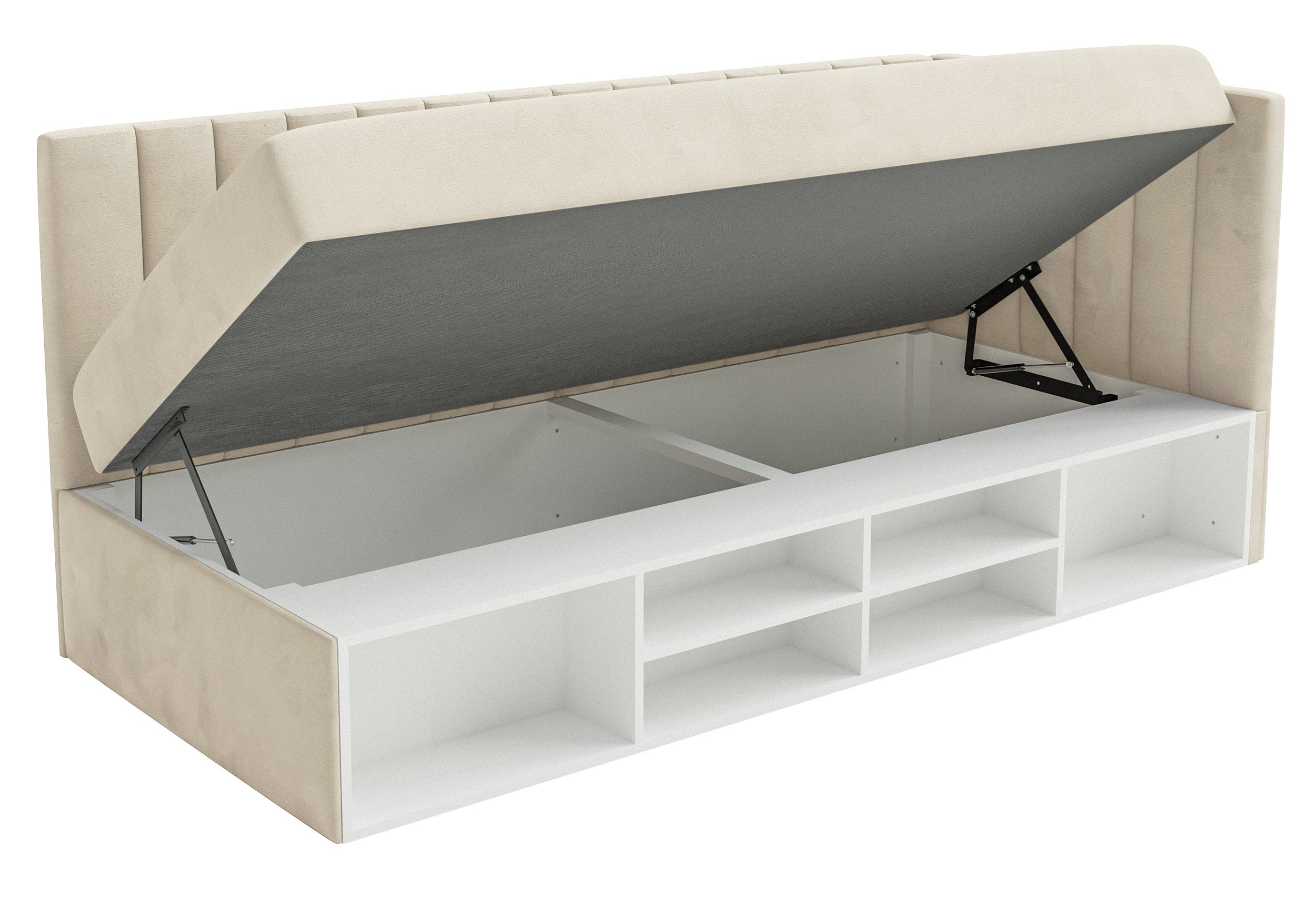 Jugendbett 90x200 cm Ventrio, rechtsseitig, mit Stauraum und Regalen, hellbeiger Velours, wasserabweisend und leicht zu reinigen