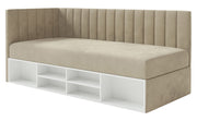 Jugendbett 90x200 cm Ventrio linksseitig mit Stauraum und Regalen, grau-beiges Velours, wasserabweisend und pflegeleicht