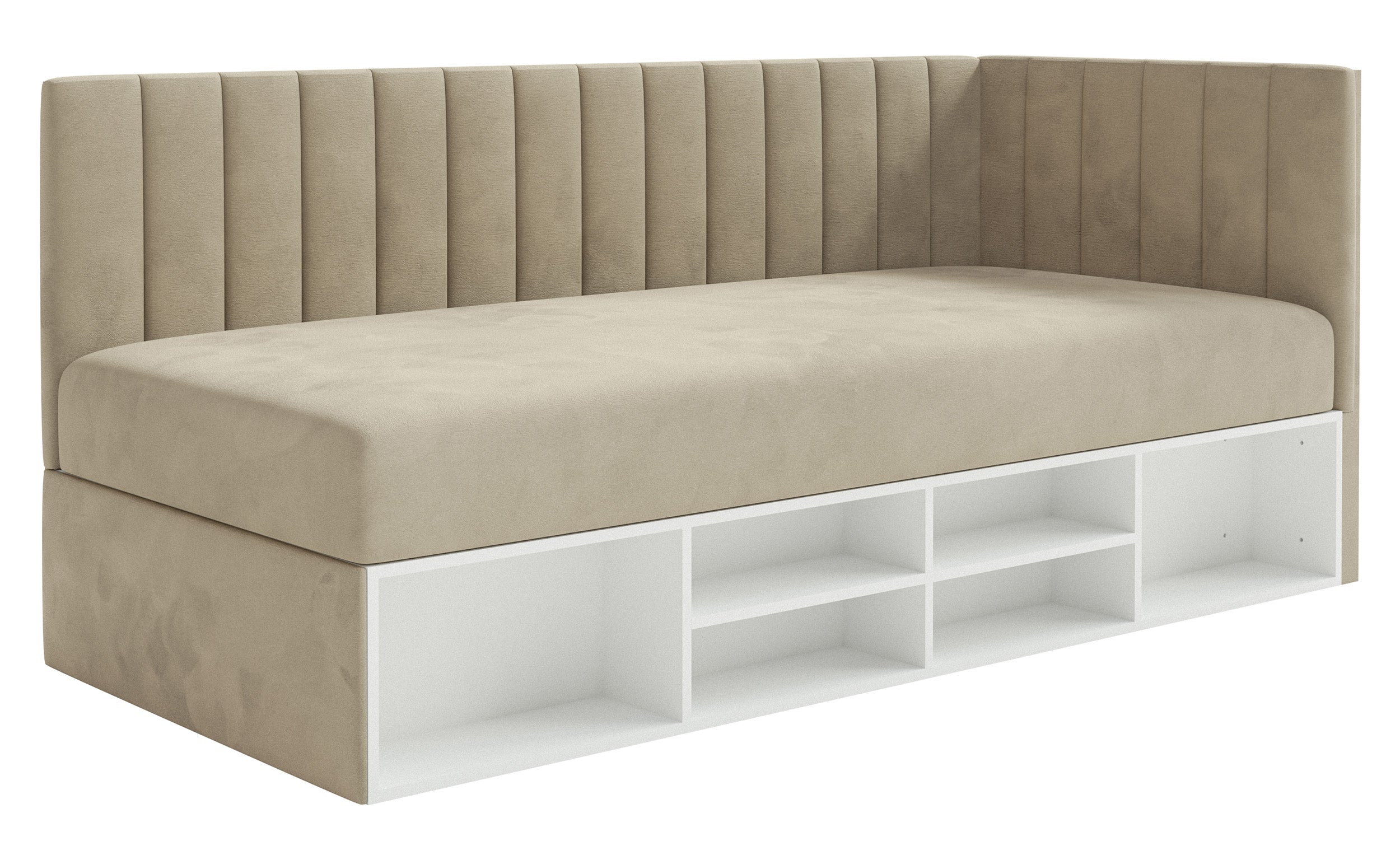 Jugendbett 90x200 cm Ventrio rechtsseitig mit Stauraum und Regalen, hellgraubeiger Velours, wasserabweisend und leicht zu reinigen